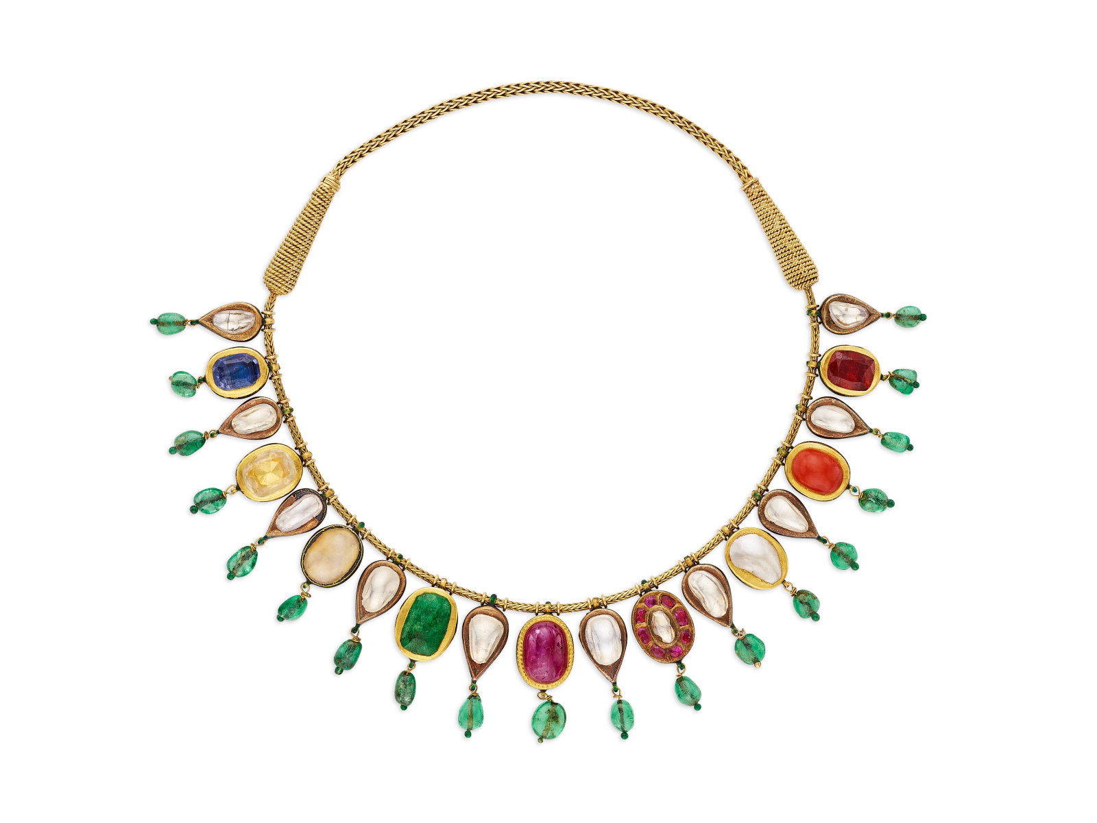 CARTIER MULTI-GEM, ENAMEL AND DIAMOND NAVRATNA NECKLACE: Details CARTIER MULTI-GEM, ENAMEL AND DIAMOND NAVRATNA NECKLACE Variously-shaped foil-backed colorless sapphires, sapphire, citrine, chalcedony, emerald, ruby, baroque pearl, coral and spinel, tumbled