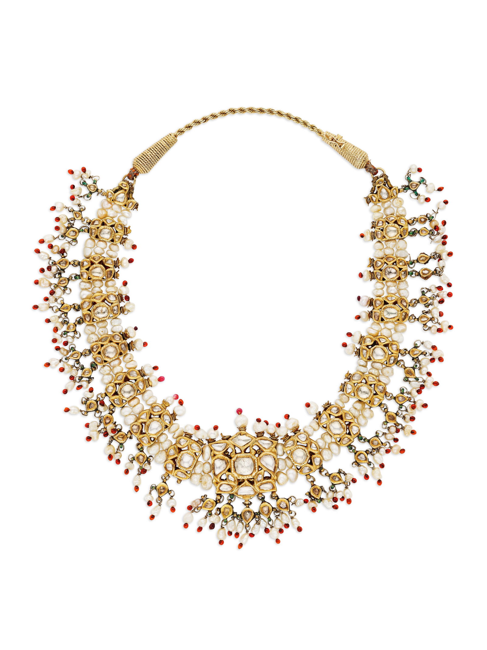 CARTIER DIAMOND, PEARL AND ENAMEL GUTTAPUSALU NECKLACE: Details CARTIER DIAMOND, PEARL AND ENAMEL GUTTAPUSALU NECKLACE Table-cut diamonds, seed pearls, red, white, green and blue enamel, yellow gold and 18k yellow gold (French marks, clasp only), circa 195