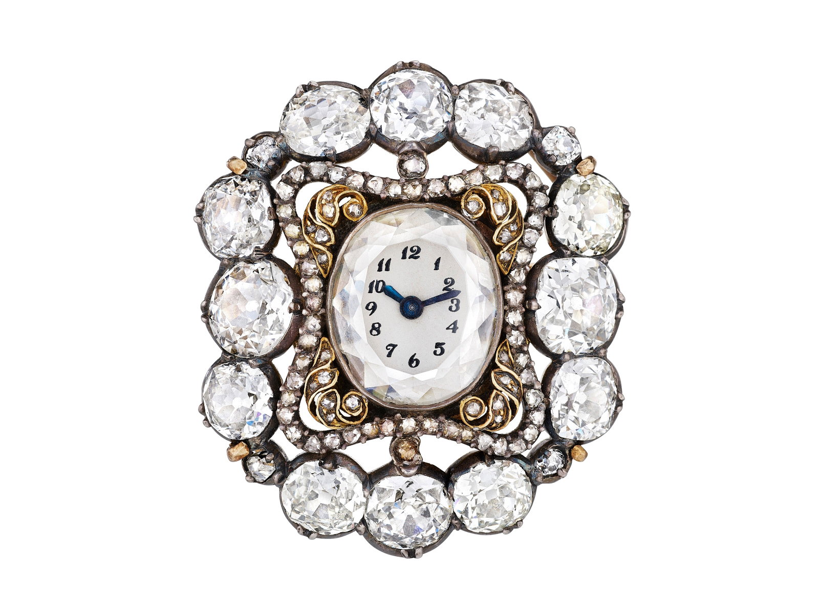ANTIQUE DIAMOND WATCH-BROOCH: Details ANTIQUE DIAMOND WATCH-BROOCH Manual movement, portrait, old and rose-cut diamonds, silver-topped gold, 18k and 14k yellow gold (Swiss marks), circa 1900, numbered Size/Dimensions: 3.1 x 2.8 cm