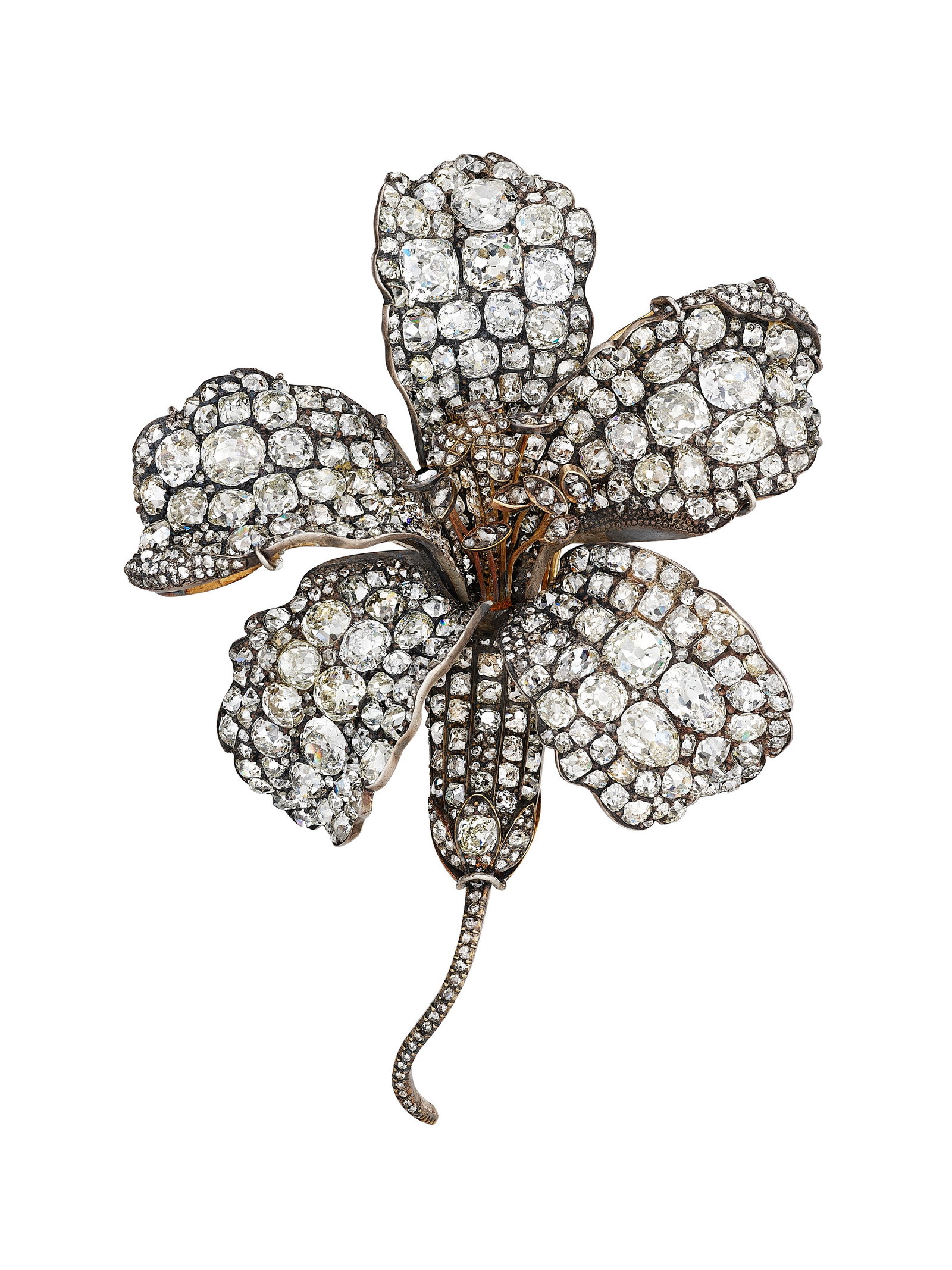 ANTIQUE DIAMOND FLOWER BROOCH: Details ANTIQUE DIAMOND FLOWER BROOCH Central stamen elements en tremblant, old and rose-cut diamonds, silver-topped gold, circa mid 19th century, 14k yellow gold pinstem of later addition, later blac