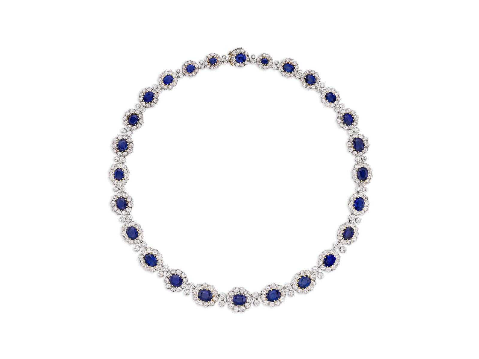 ANTIQUE SAPPHIRE AND DIAMOND NECKLACE: Details ANTIQUE SAPPHIRE AND DIAMOND NECKLACE Oval mixed-cut sapphires, old-cut diamonds, silver-topped yellow gold, yellow gold and platinum, circa 1900 AGL, 2026, report no. 1156229: Twenty-six gems