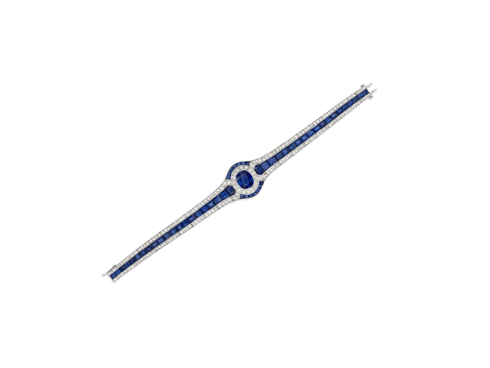 TIFFANY & CO. ART DECO SAPPHIRE AND DIAMOND BRACELET: Details TIFFANY & CO. ART DECO SAPPHIRE AND DIAMOND BRACELET Oval mixed-cut sapphire, fancy, square and calibré-cut sapphires, old-cut diamonds, platinum, circa 1930, signed Tiffany & Co. AGL, 20