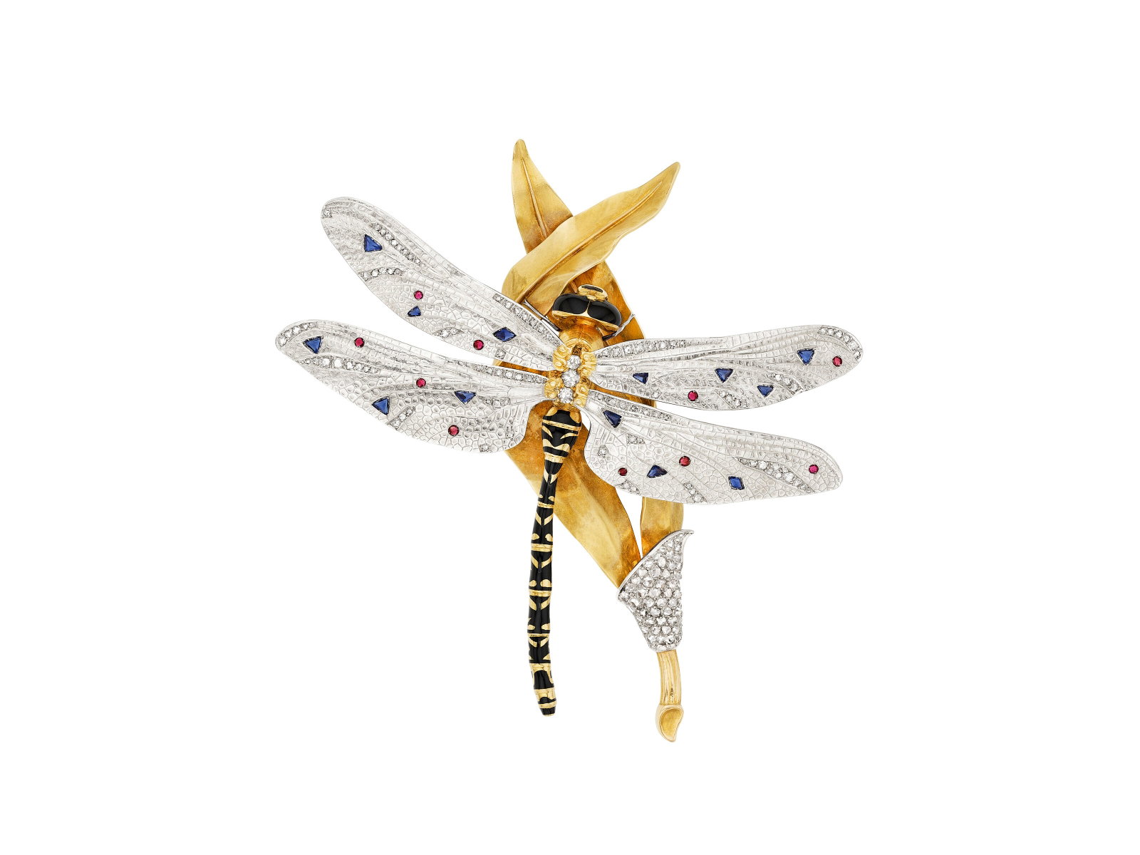 BOLIN MULTI-GEM, DIAMOND AND ENAMEL DRAGONFLY BROOCH: Details BOLIN MULTI-GEM, DIAMOND AND ENAMEL DRAGONFLY BROOCH Designed as a dragonfly, triangular and marquise-shaped sapphires, round rose-cut rubies, rose and old-cut diamonds, black enamel, 18k yell