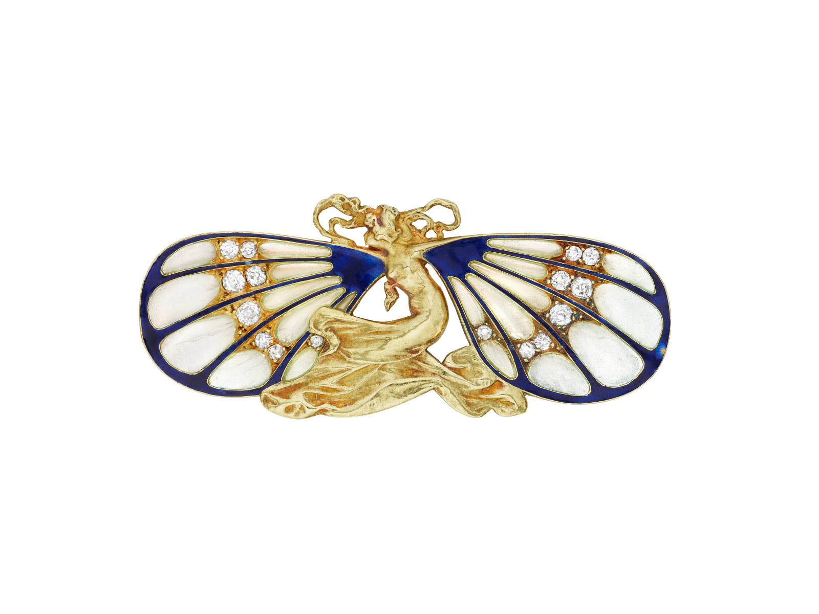 RENÉ LALIQUE ART NOUVEAU ENAMEL AND DIAMOND BROOCH: Details RENÉ LALIQUE ART NOUVEAU ENAMEL AND DIAMOND BROOCH Designed as a winged figure, frosted glass plaques, blue plique-à-jour enamel, old-cut diamonds, yellow gold, circa 1900, signed La