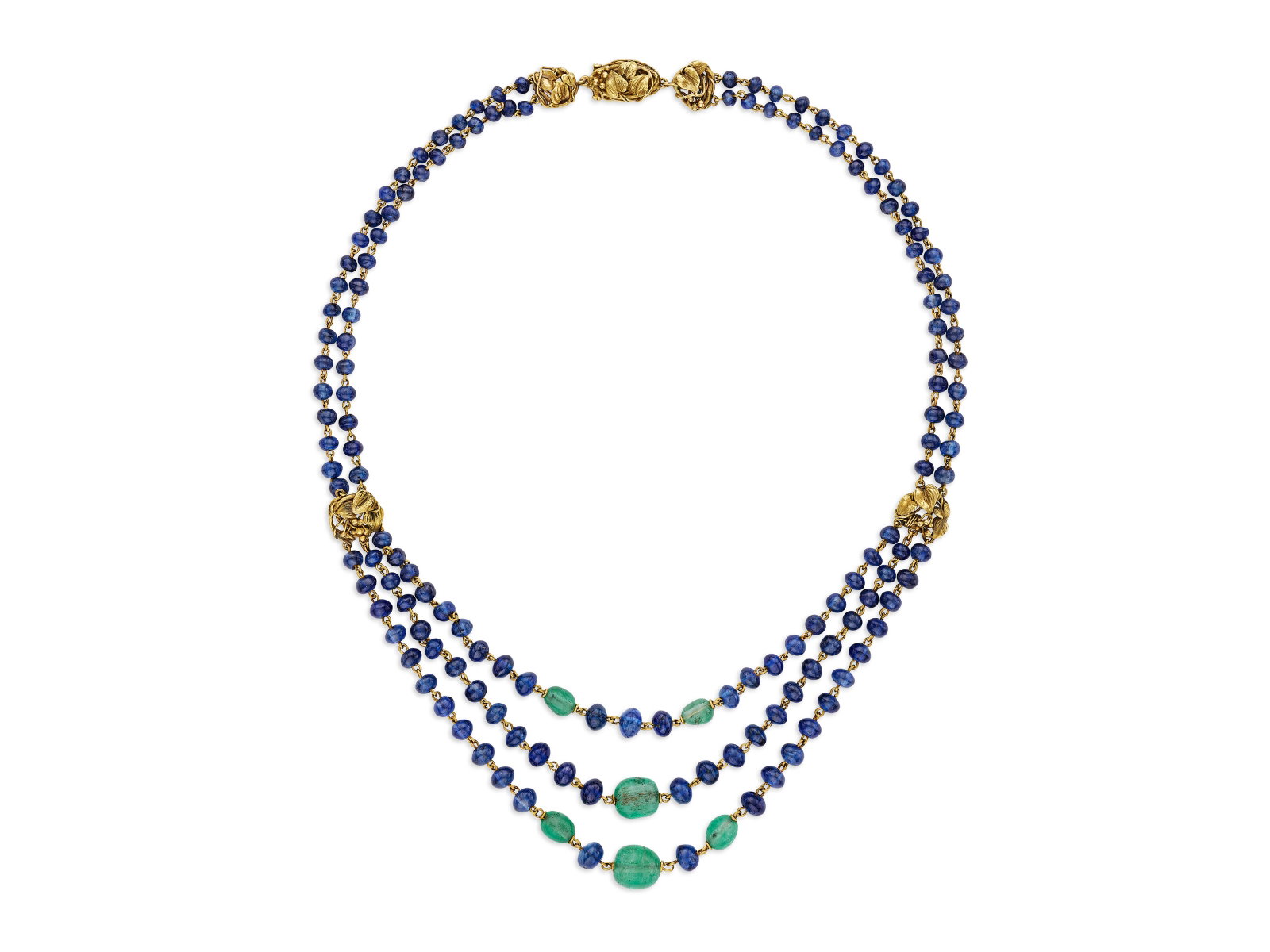 TIFFANY & CO., LOUIS COMFORT TIFFANY SAPPHIRE AND EMERALD BEAD NECKLACE: Details TIFFANY & CO., LOUIS COMFORT TIFFANY SAPPHIRE AND EMERALD BEAD NECKLACE Rondelle sapphire and tumbled emerald beads, yellow gold, circa 1915, signed Tiffany & Co., scratch numbered Size/Dimens