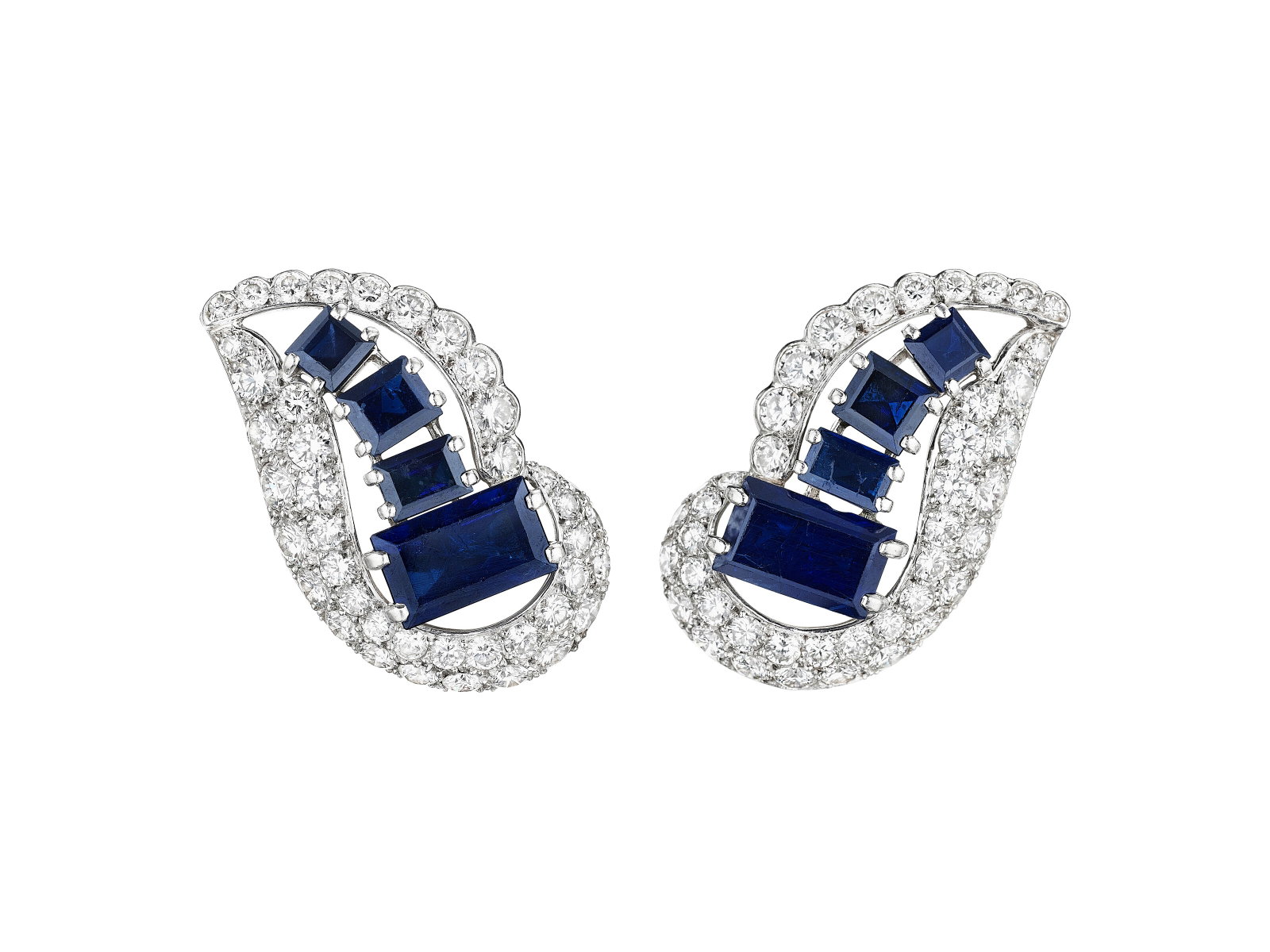 SAPPHIRE AND DIAMOND EARRINGS, MOUNTED BY CARTIER: Details SAPPHIRE AND DIAMOND EARRINGS, MOUNTED BY CARTIER Rectangular-cut sapphires, round diamonds, platinum and 18k white gold (French marks), circa 1955, signed Monture Cartier Size/Dimensions: 2.6