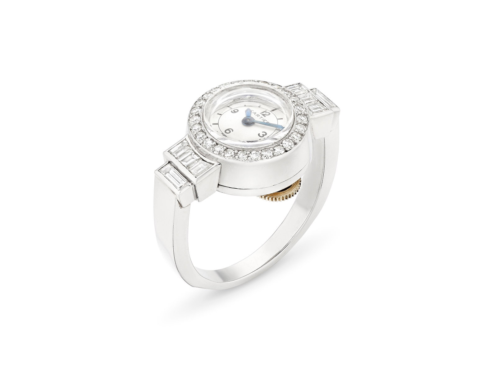 CARTIER DIAMOND RING-WATCH: Details CARTIER DIAMOND RING-WATCH Manual movement, single, tapered baguette and baguette diamonds, platinum (French marks), circa 1950, signed Cartier, maker’s mark (Edmond Jaeger), numbered Si