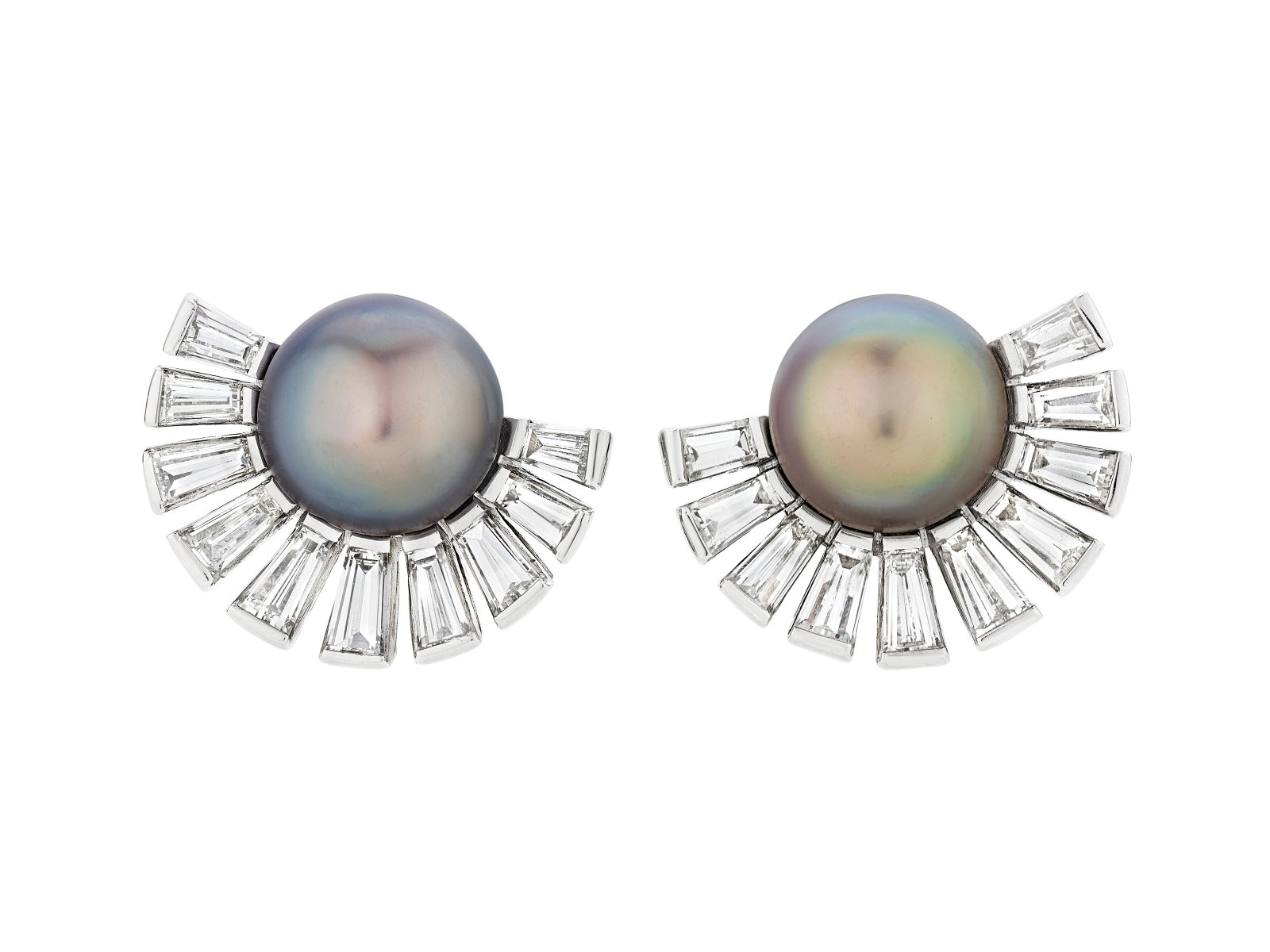 NATURAL GRAY PEARL AND DIAMOND EARRINGS: Details NATURAL GRAY PEARL AND DIAMOND EARRINGS Gray natural pearls of 10.21 - 9.96 mm, tapered baguette-cut diamonds, platinum and white gold, circa 1950 GIA, 2026, report no. 6233929950: natural pea