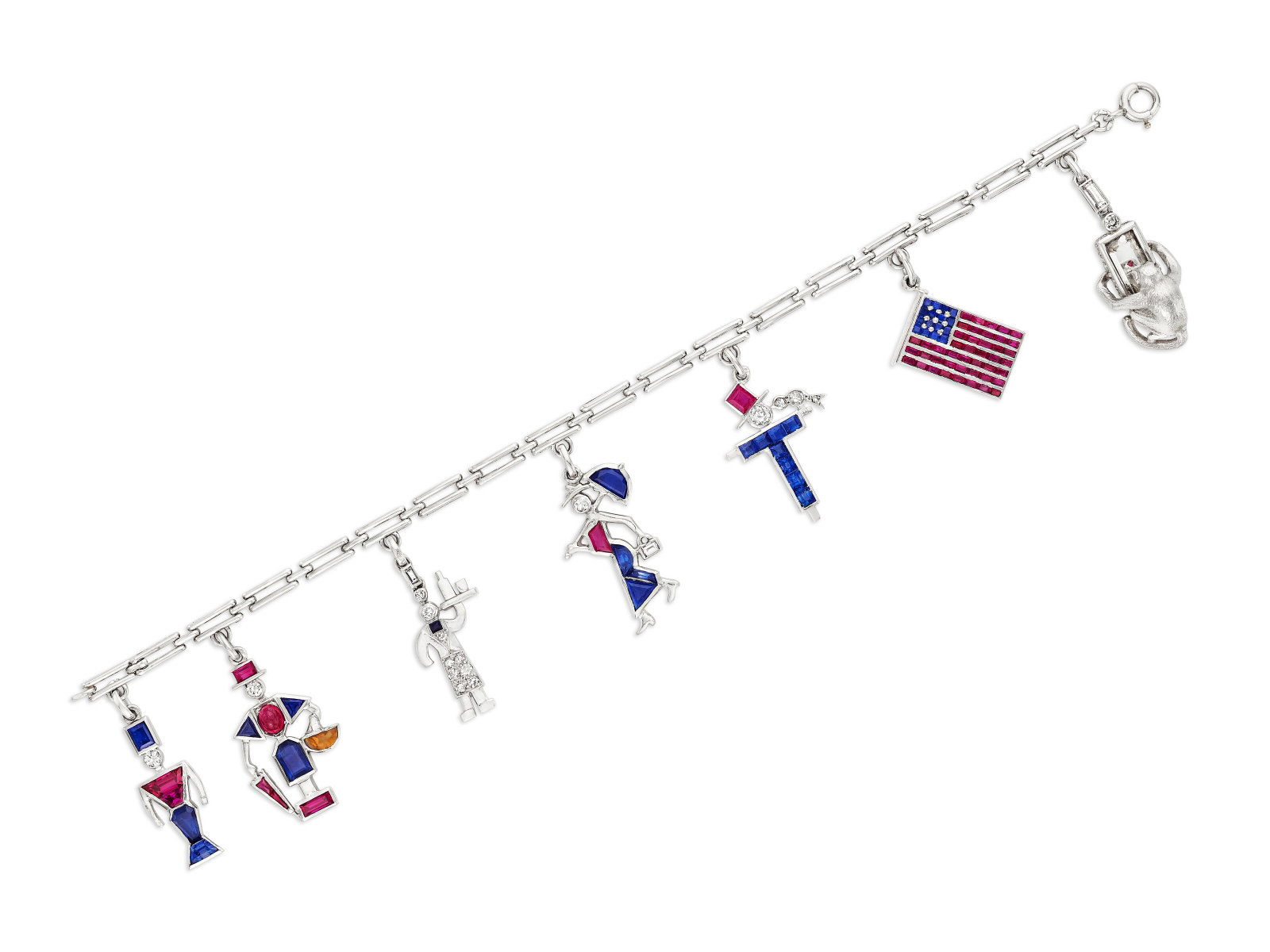 ART DECO MULTI-GEM AND DIAMOND CHARM BRACELET: Details ART DECO MULTI-GEM AND DIAMOND CHARM BRACELET Comprising seven charms depicting a standing female figure, a man with an umbrella, a waiter with a tray, a woman walking with an open umbrella, a