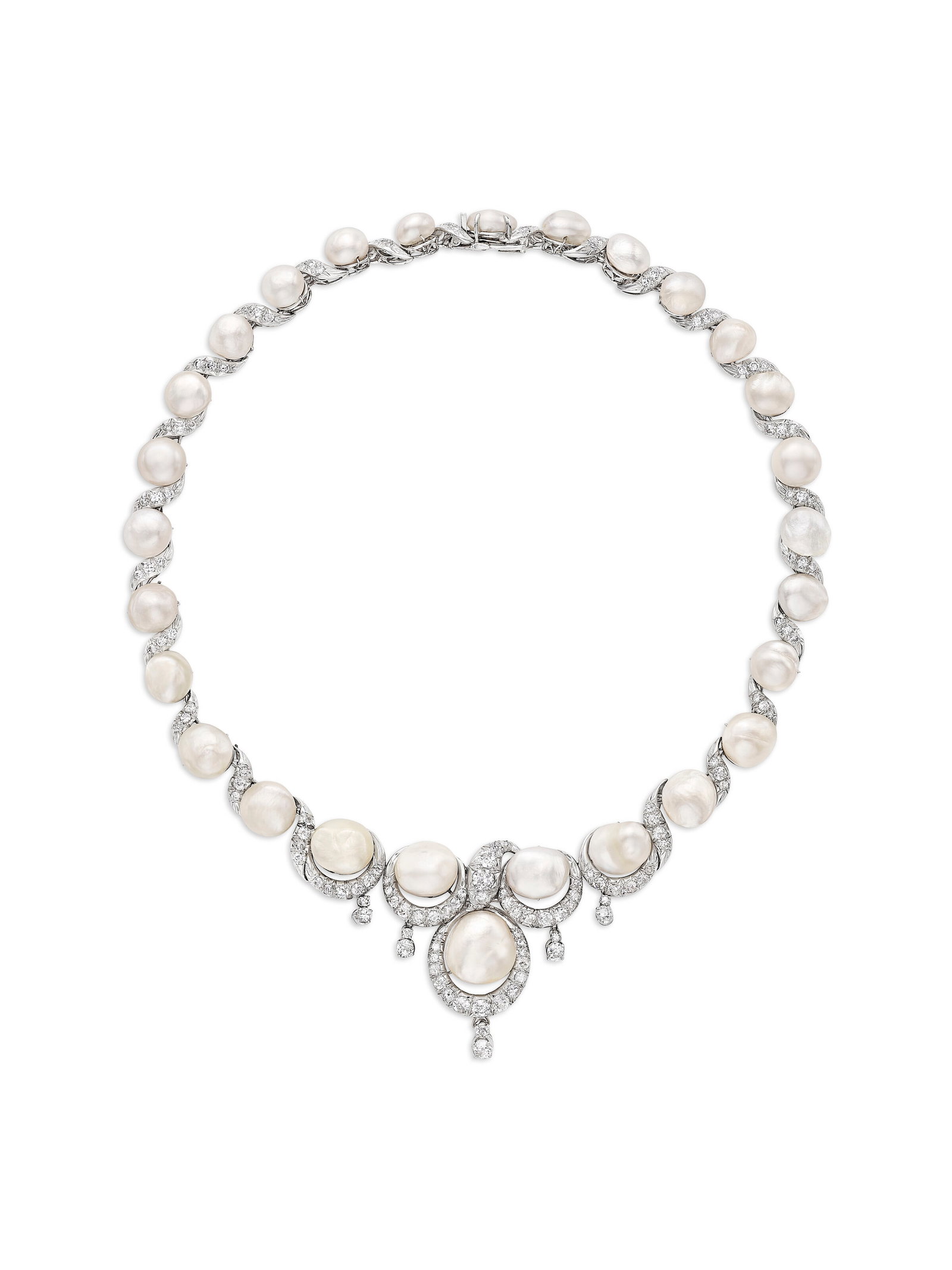 BAROQUE NATURAL PEARL AND DIAMOND NECKLACE, MOUNTED BY CARTIER: Details BAROQUE NATURAL PEARL AND DIAMOND NECKLACE, MOUNTED BY CARTIER Baroque pearls of 14.50 x 13.73 to 8.85 x 8.52 mm, old and single-cut diamonds, platinum and 18k white gold (French marks), circa