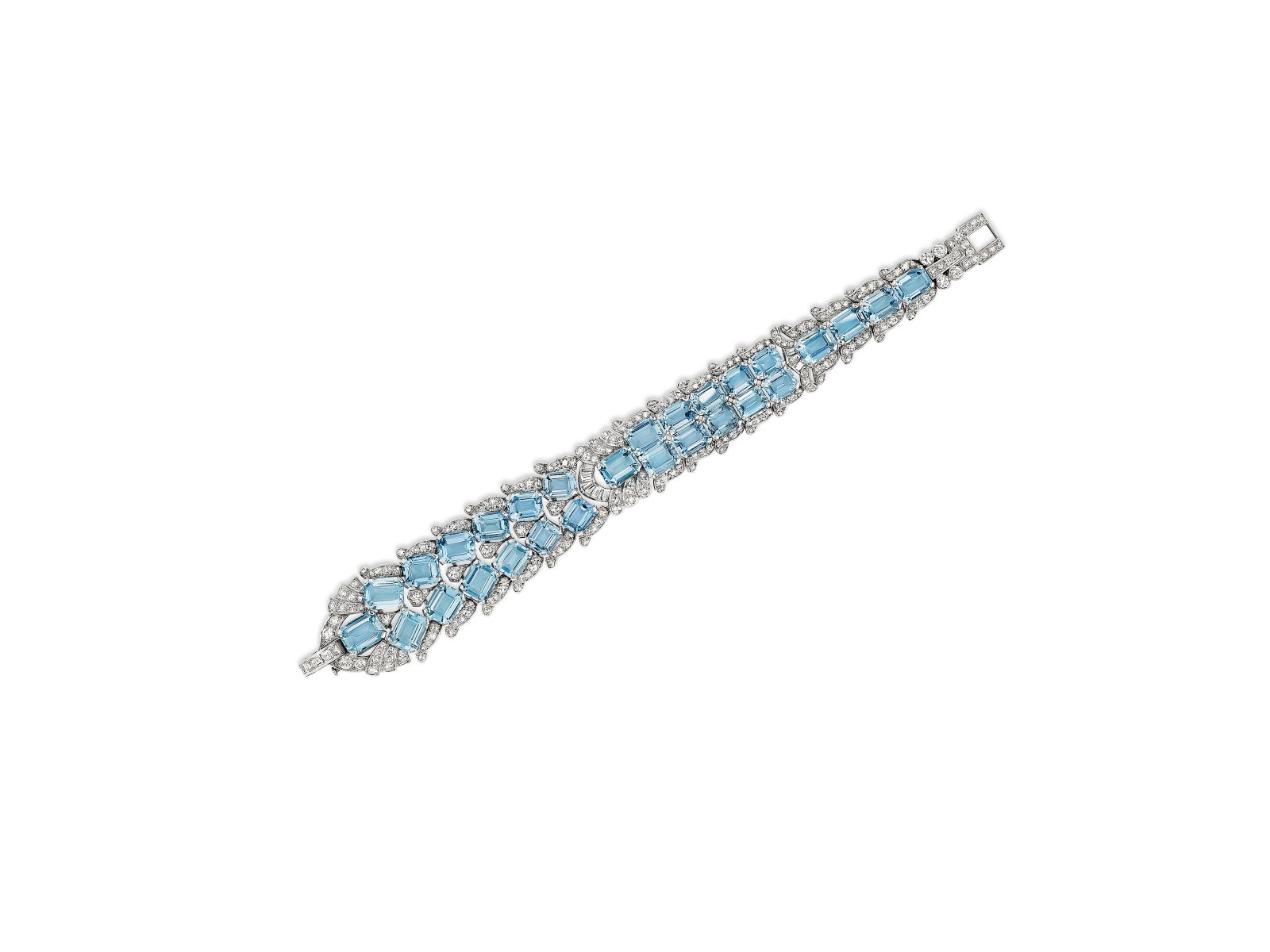 ART DECO AQUAMARINE AND DIAMOND BRACELET: Details ART DECO AQUAMARINE AND DIAMOND BRACELET Of asymmetrical design, rectangular-shaped aquamarines, old, single, baguette and square-cut diamonds, platinum and white gold, circa 1935 Size/Dimensi