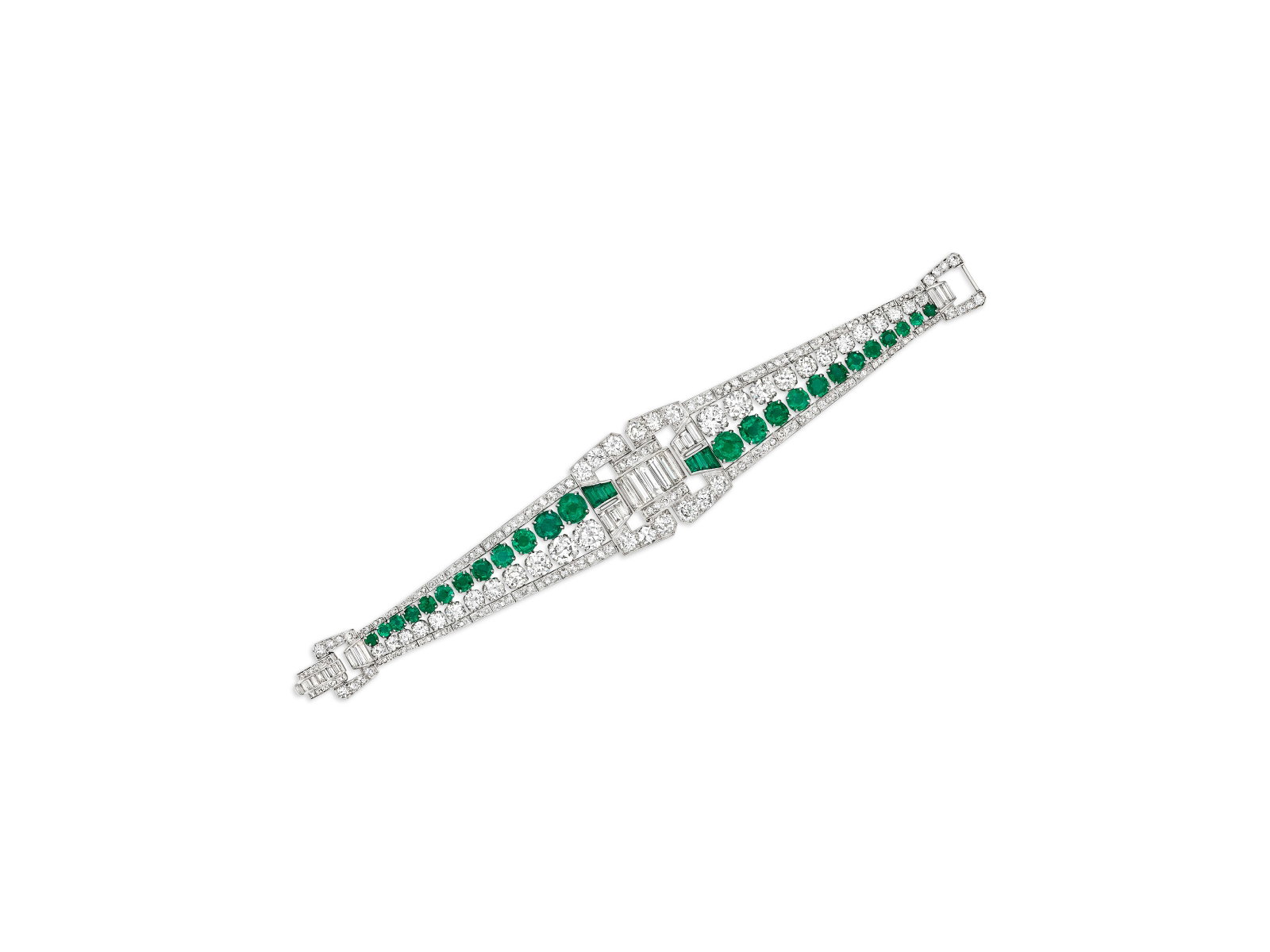 ART DECO EMERALD AND DIAMOND BRACELET: Details ART DECO EMERALD AND DIAMOND BRACELET Round and tapered baguette-cut emeralds, old and baguette-cut diamonds, platinum, circa 1935 Size/Dimensions: 14.6 cm (5 ¾ in) Gross Weight: 37.1 gra