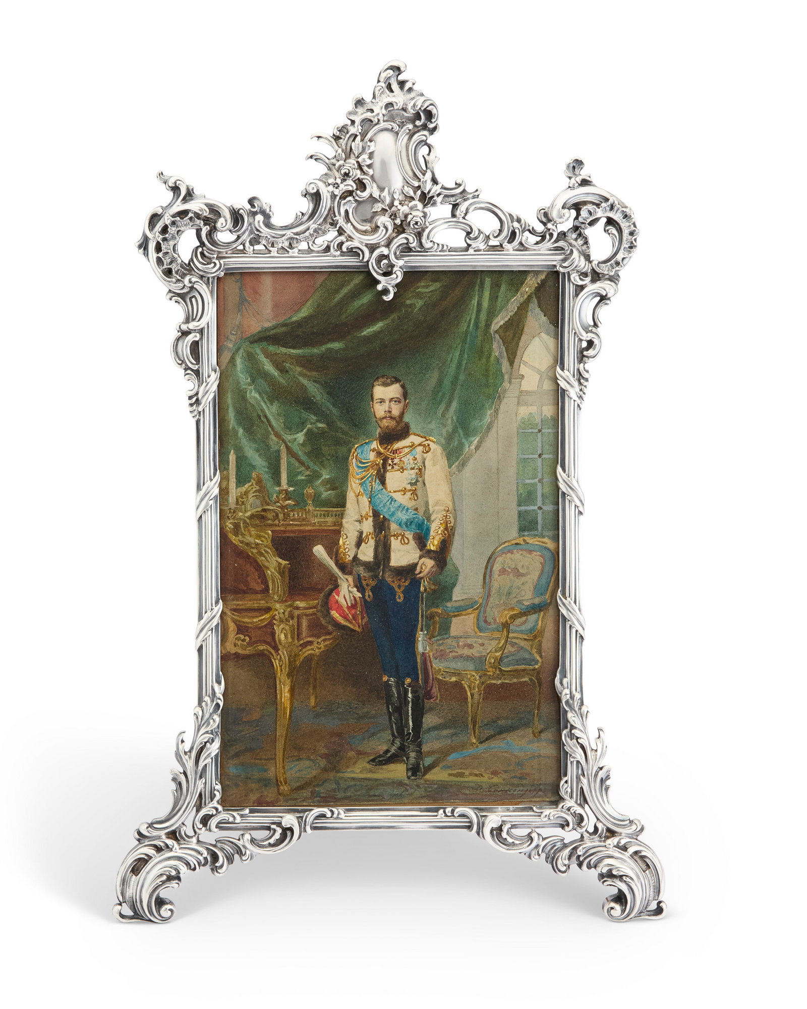 AN IMPORTANT IMPERIAL SILVER FRAME WITH THE PORTRAIT OF EMPEROR NICHOLAS II BY FABERGÉ, (1 of 4)