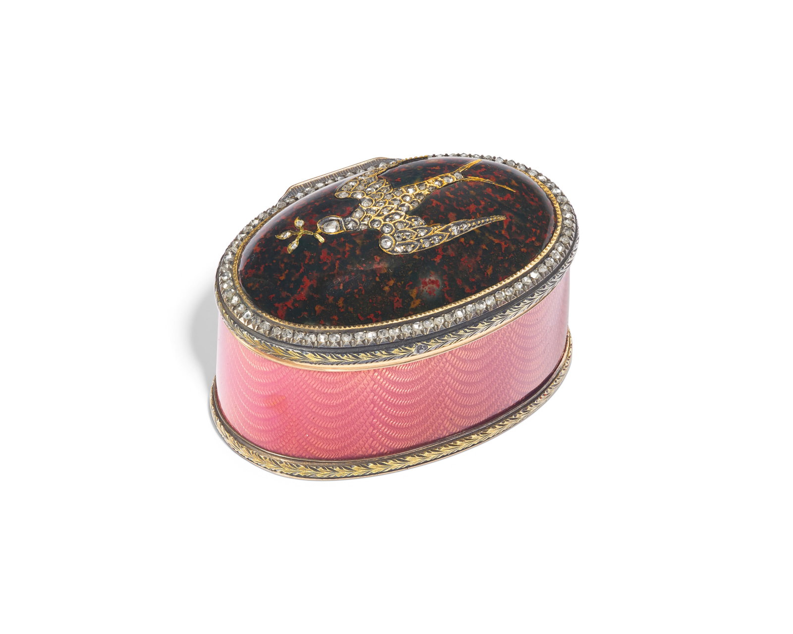 A JEWELED, BLOODSTONE AND GUILLOCHÉ ENAMEL TWO-COLOR GOLD BONBONNIÈRE BY FABERGÉ, (1 of 4)