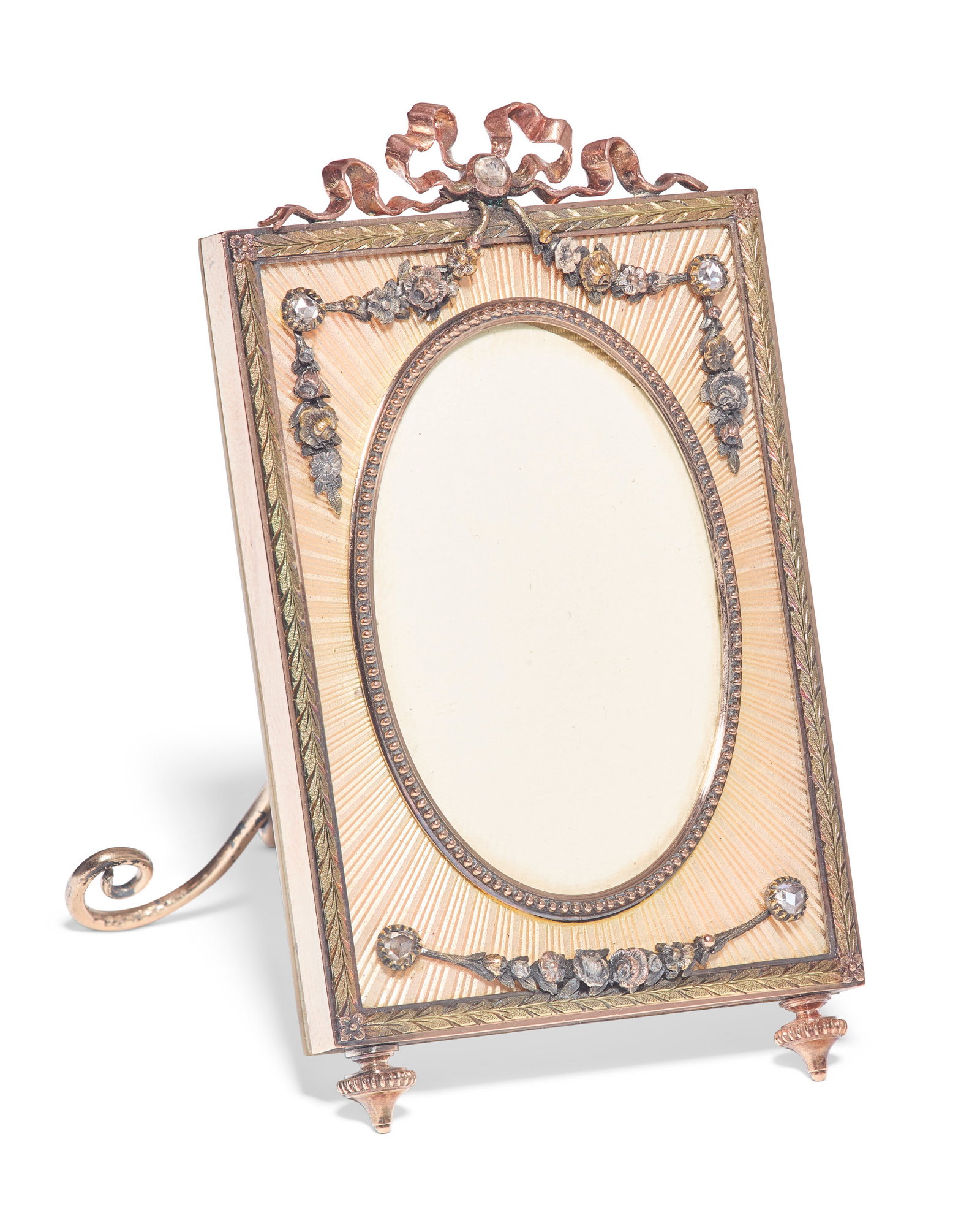 A JEWELED AND GUILLOCHÉ ENAMEL VARICOLOR GOLD AND SILVER-GILT MINIATURE PHOTOGRAPH FRAME BY (1 of 4)