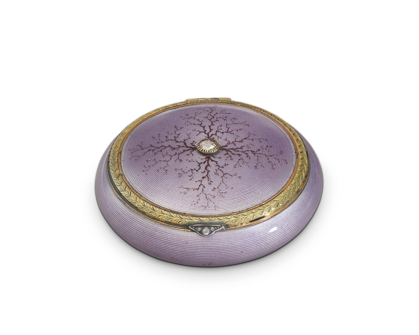 A JEWELED AND GUILLOCHÉ ENAMEL GOLD-MOUNTED SILVER-GILT COMPACT BY FABERGÉ, WORKMASTER (1 of 4)