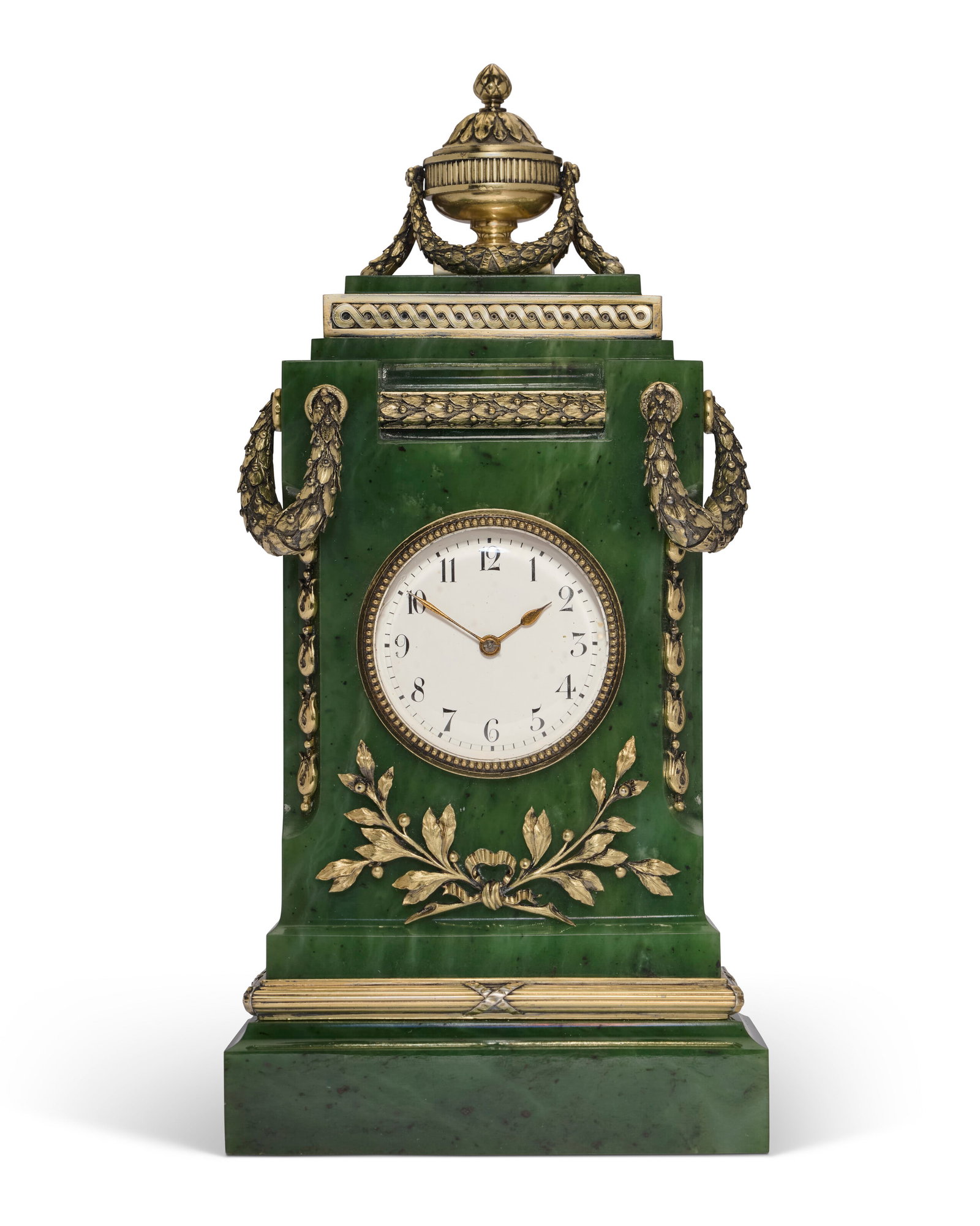 AN IMPRESSIVE SILVER-GILT MOUNTED NEPHRITE MANTEL CLOCK BY FABERGÉ, WORKMASTER HENRIK: Details AN IMPRESSIVE SILVER-GILT MOUNTED NEPHRITE MANTEL CLOCK BY FABERGÉ, WORKMASTER HENRIK WIGSTRÖM, ST. PETERSBURG, 1904-1908 Rectangular, the carved nephrite body centering a white enam