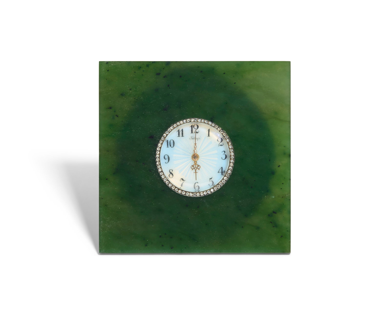 A JEWELED AND GUILLOCHÉ ENAMEL SILVER-MOUNTED NEPHRITE MINIATURE DESK CLOCK BY FABERGÉ,: Details A JEWELED AND GUILLOCHÉ ENAMEL SILVER-MOUNTED NEPHRITE MINIATURE DESK CLOCK BY FABERGÉ, WORKMASTER HENRIK WIGSTRÖM, ST. PETERSBURG, CIRCA 1910 Square, the carved nephrite body c
