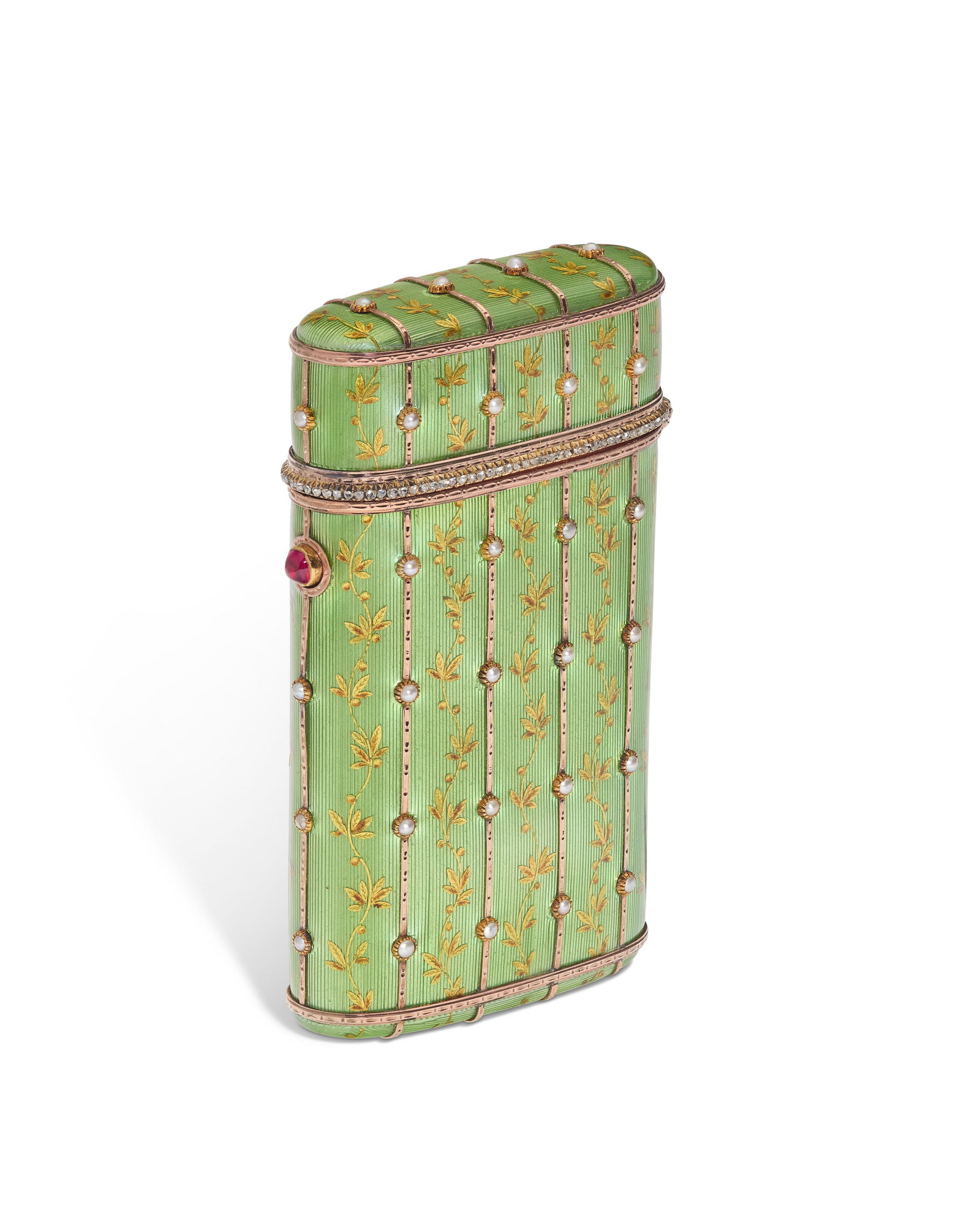 A JEWELED AND GUILLOCHÉ ENAMEL GOLD CIGARETTE CASE BY FABERGÉ, WORKMASTER MICHAEL PERCHIN, (1 of 4)