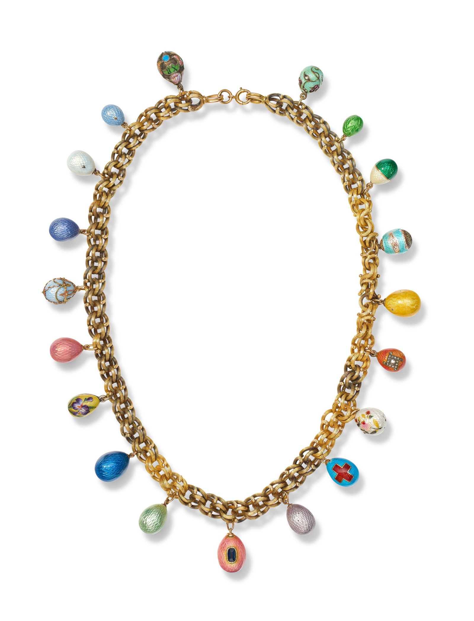 A NECKLACE OF NINETEEN JEWELED AND ENAMELED SILVER AND GOLD EGG PENDANTS VARIOUS MAKERS, FOUR BY: Details A NECKLACE OF NINETEEN JEWELED AND ENAMELED SILVER AND GOLD EGG PENDANTS VARIOUS MAKERS, FOUR BY FABERGÉ, RUSSIAN AND CONTINENTAL, LATE 19TH / EARLY 20TH CENTURY The modern gold chain sus