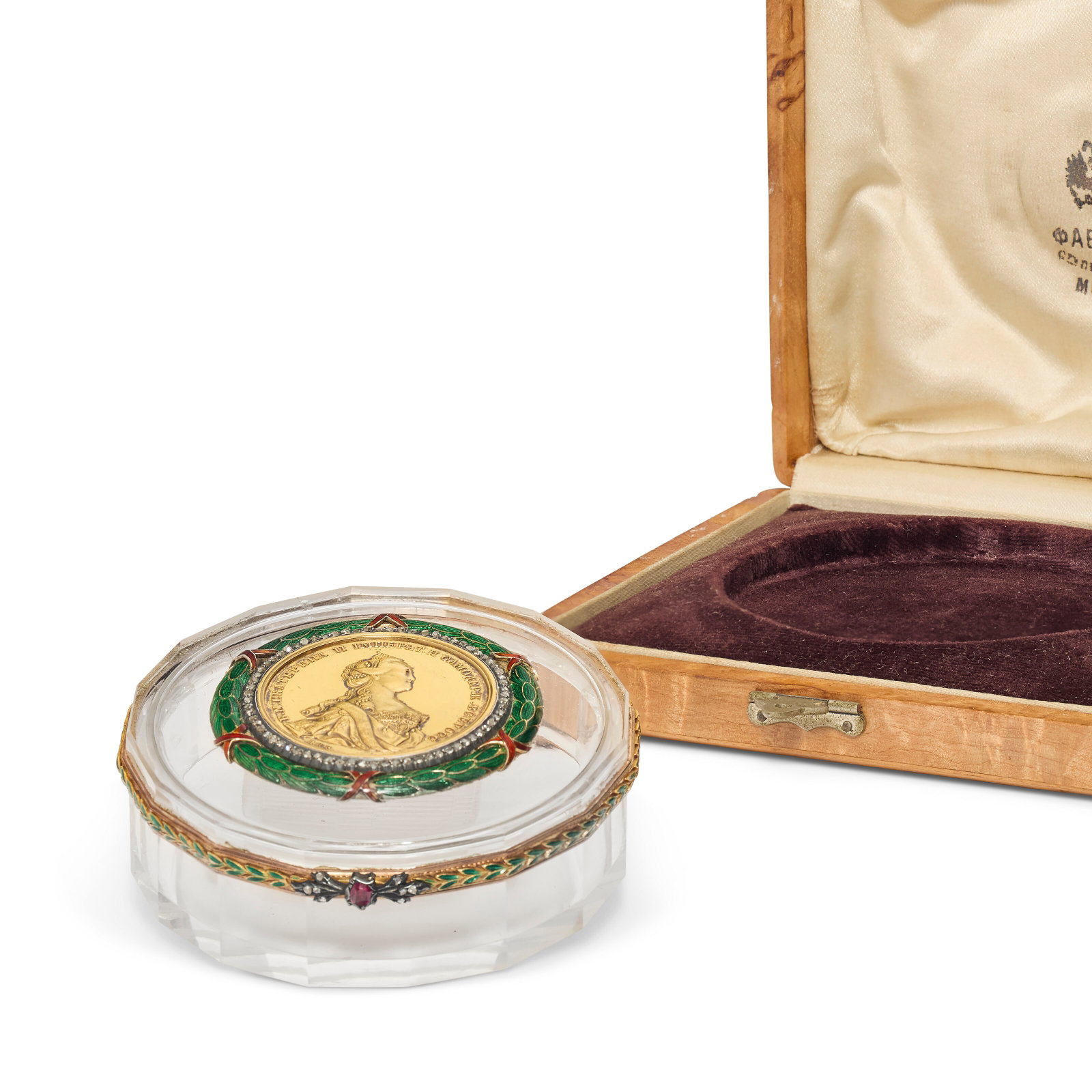 A JEWELED AND ENAMEL GOLD-MOUNTED ROCK CRYSTAL BONBONNIÈRE BY FABERGÉ, WORKMASTER MICHAEL (1 of 4)