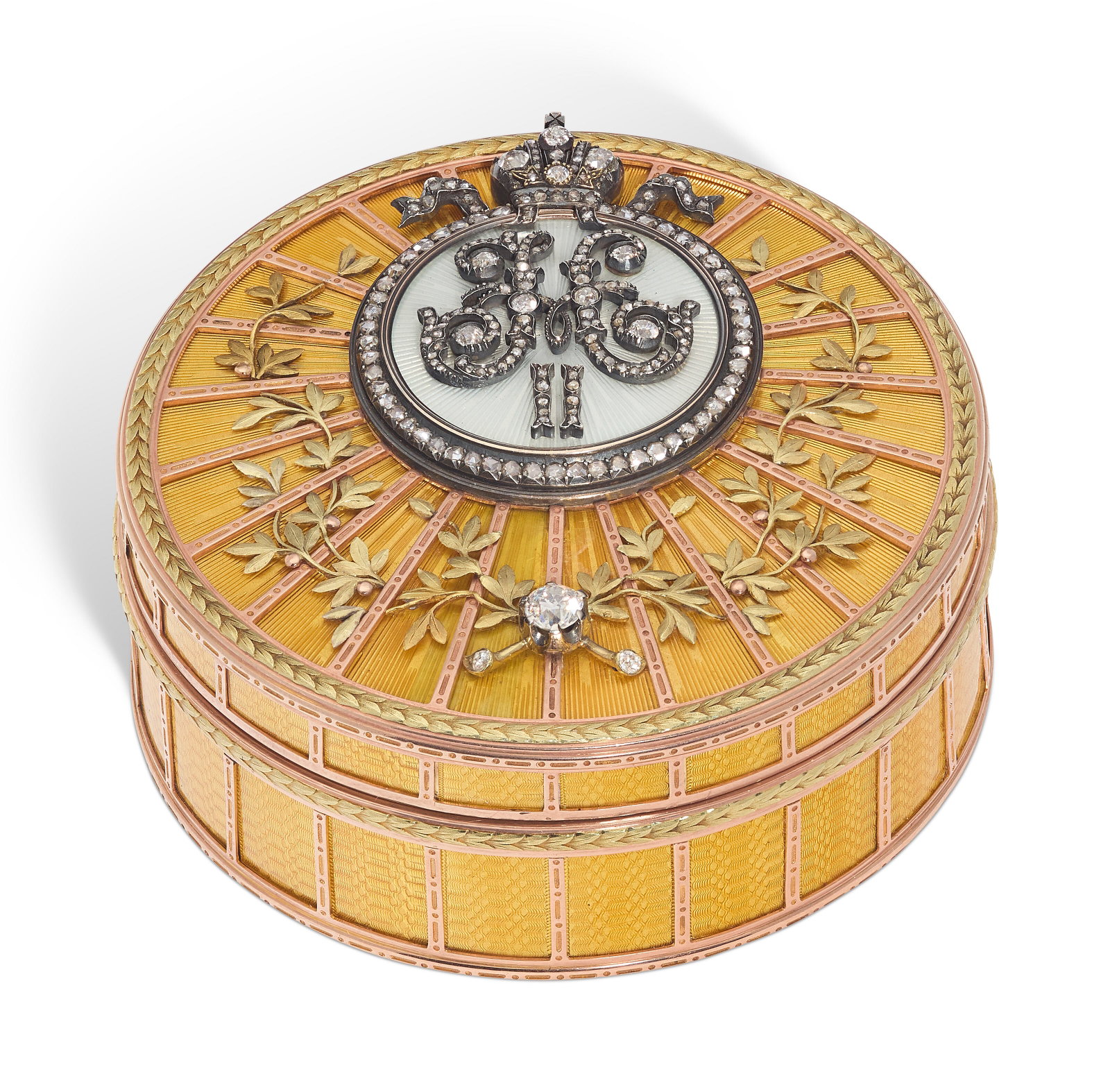 A RARE AND IMPORTANT JEWELED AND GUILLOCHÉ ENAMEL TWO-COLOR GOLD IMPERIAL PRESENTATION SNUFF (1 of 4)