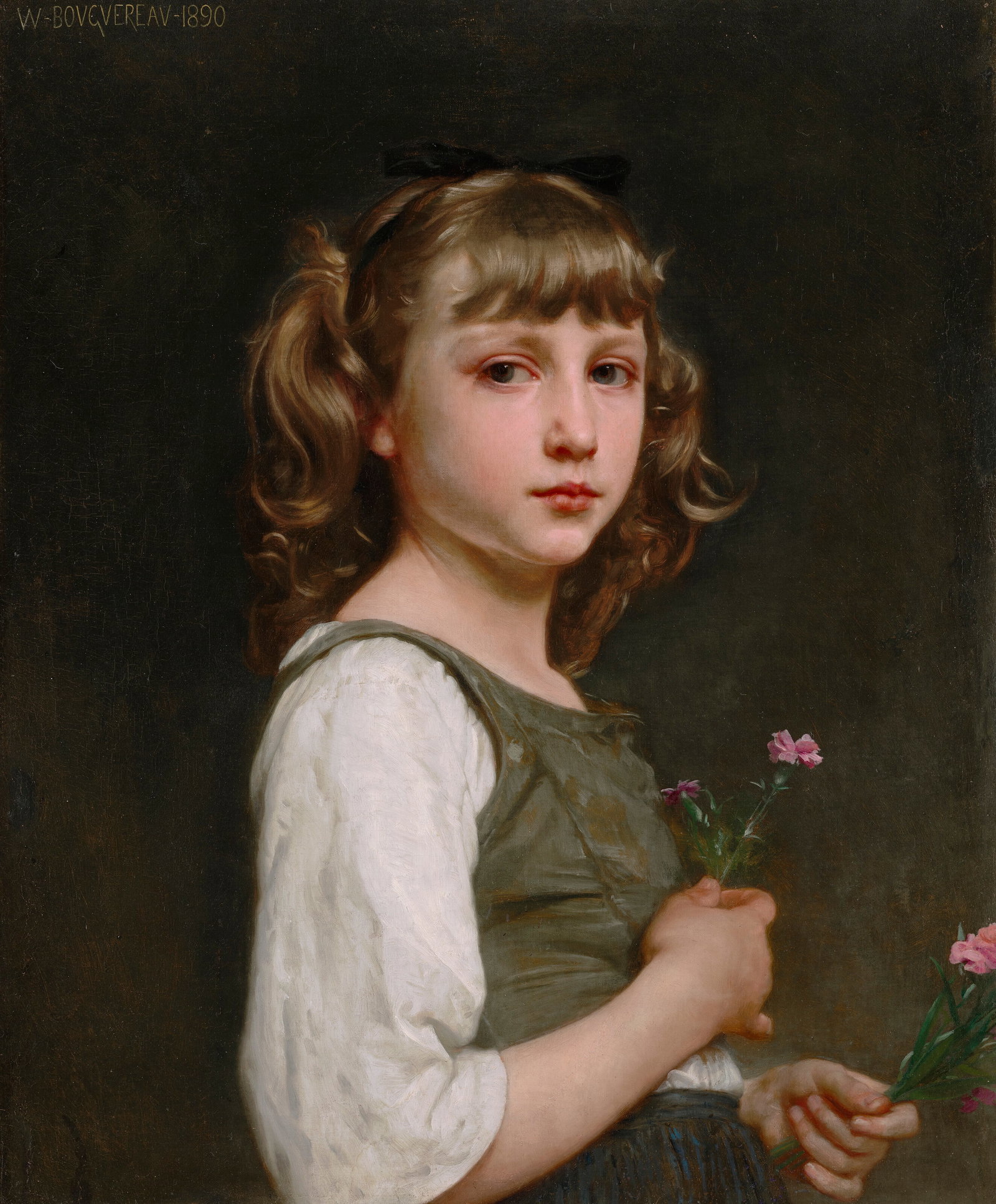 WILLIAM ADOLPHE BOUGUEREAU (French, 1825-1905) L'Oeillet: Details WILLIAM ADOLPHE BOUGUEREAU (French, 1825-1905) L'Oeillet signed and dated 'W-BOVGVERAV-1890' (upper left) oil on canvas 24 x 19 ¾ in. (61 x 50.2 cm.) Provenance The artist. with Pitet ain