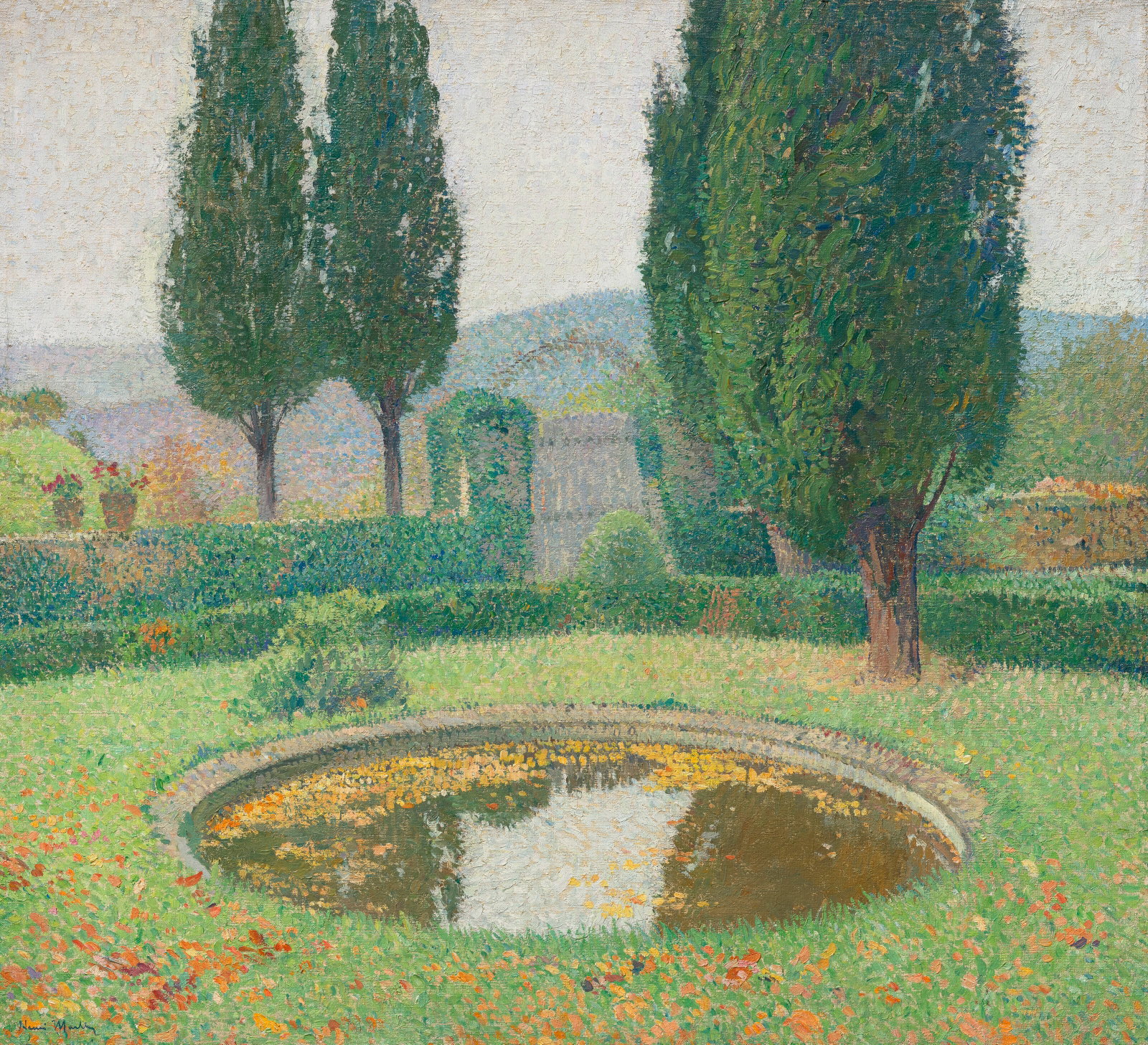 HENRI MARTIN (1860-1943) Bassin rond du fond, porte, cyprès, ciel gris clair (1 of 3)
