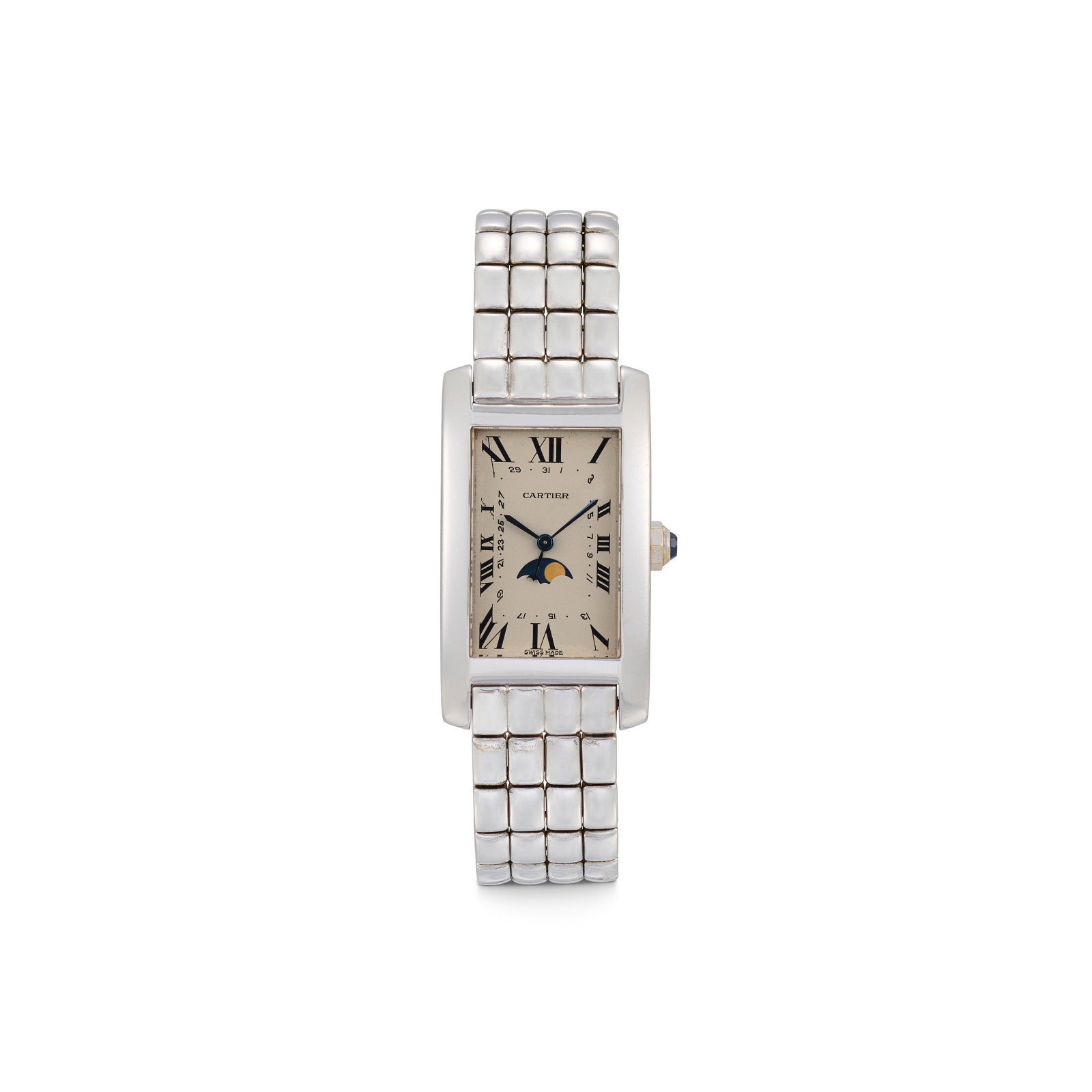 CARTIER GOLD 'TANK AMÉRICAINE MOON PHASE' WRISTWATCH: Details Circular-cut sapphire crown, gold (Swiss, French import and European Convention marks), quartz movement, dial, case and buckle signed Cartier, maker's marks (Société Anonyme Cartier)