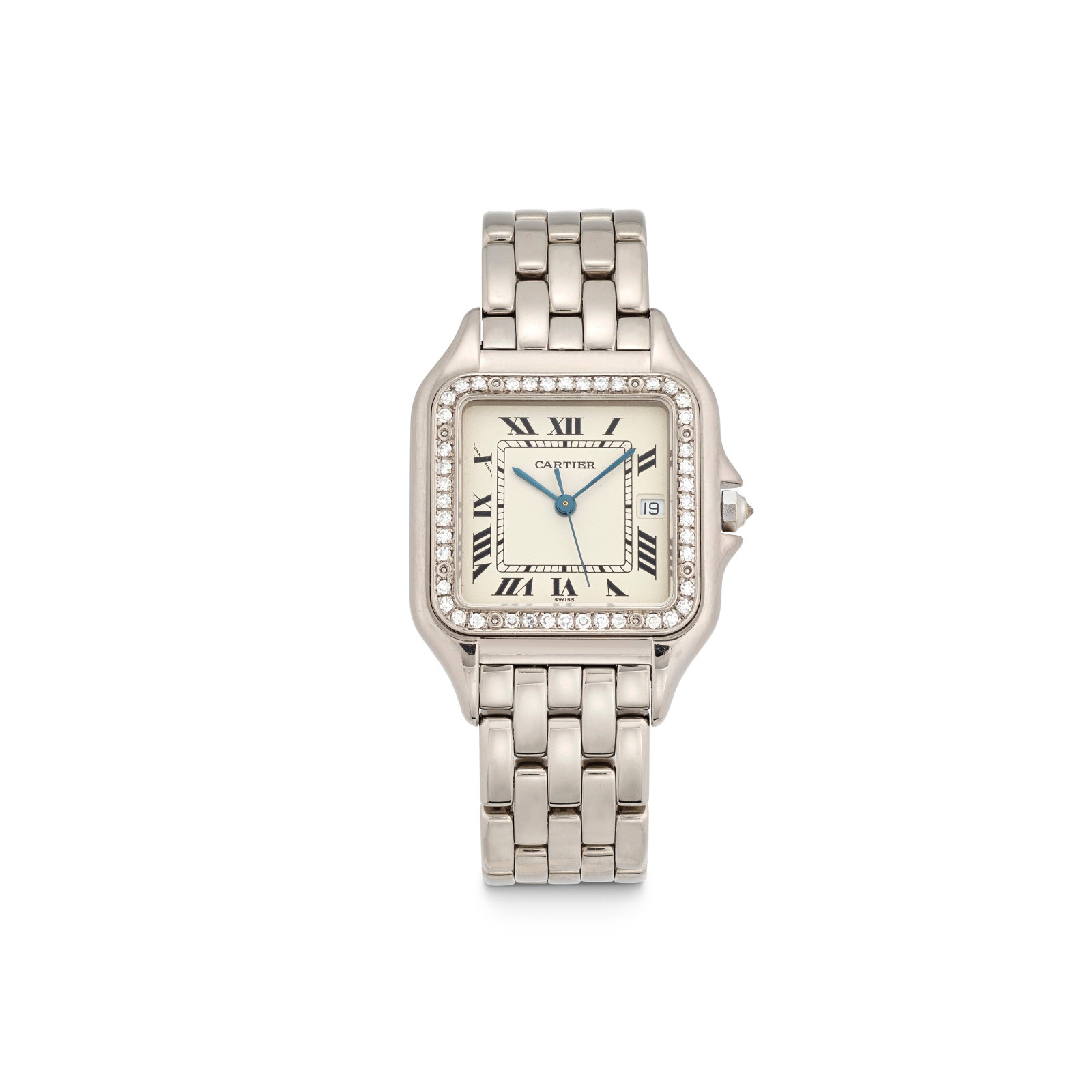 CARTIER GOLD AND DIAMOND 'PANTHÈRE' WRISTWATCH: Details Single-cut diamonds, gold (Swiss and European Convention marks), date aperture, quartz movement, dial, case and buckle signed Cartier, maker's marks (Société Anonyme Cartier), case n