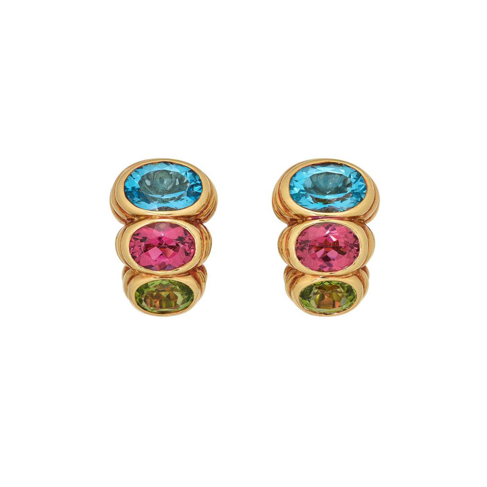 BULGARI TOPAZ, TOURMALINE AND PERIDOT EARRINGS: Details Oval-shaped topaz, pink tourmalines and peridots, signed Bvlgari Size/Dimensions: 2.2 cm Gross Weight: 20.2 grams