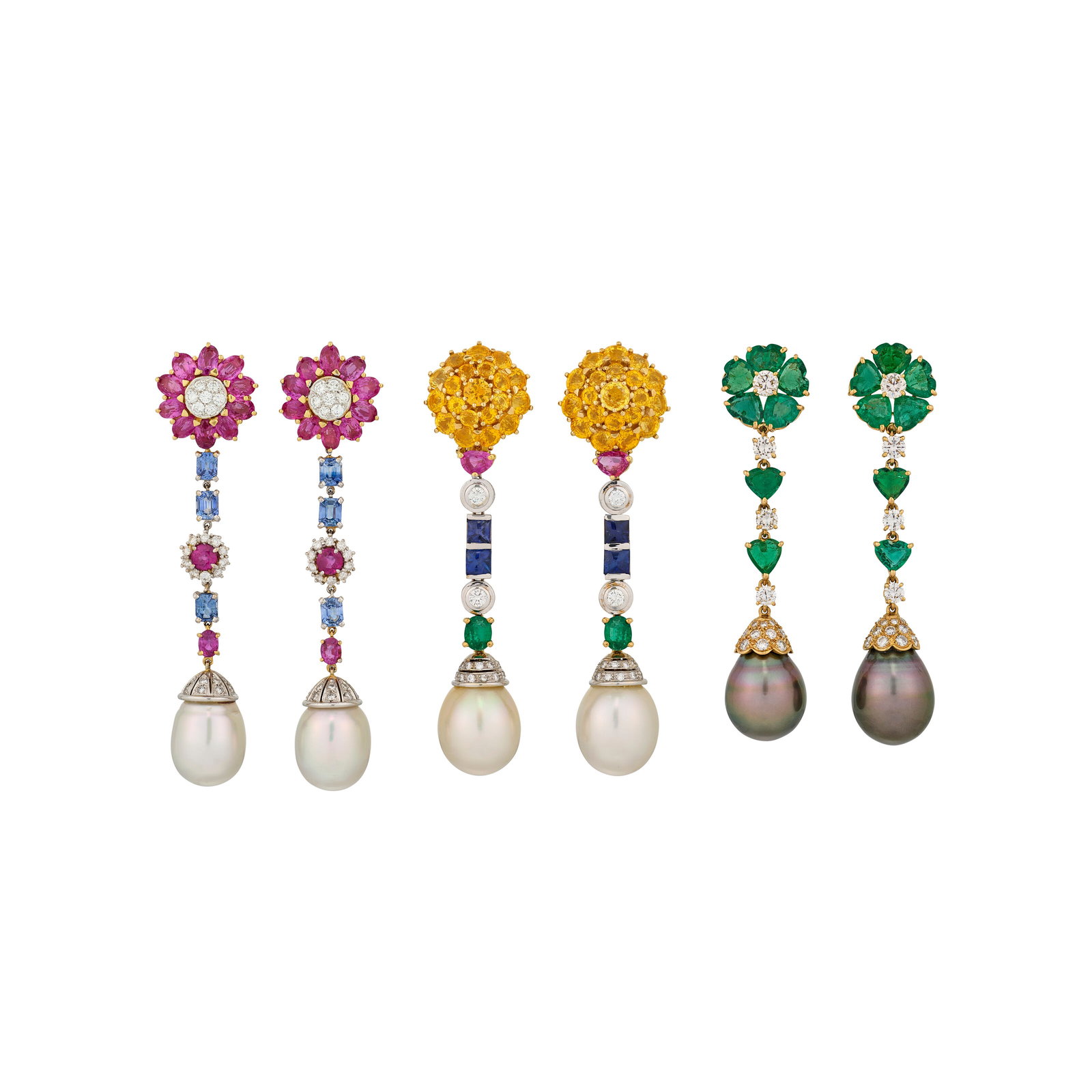 THREE PAIRS OF MULTI-GEM, CULTURED PEARL AND DIAMOND EARRINGS (1 of 4)