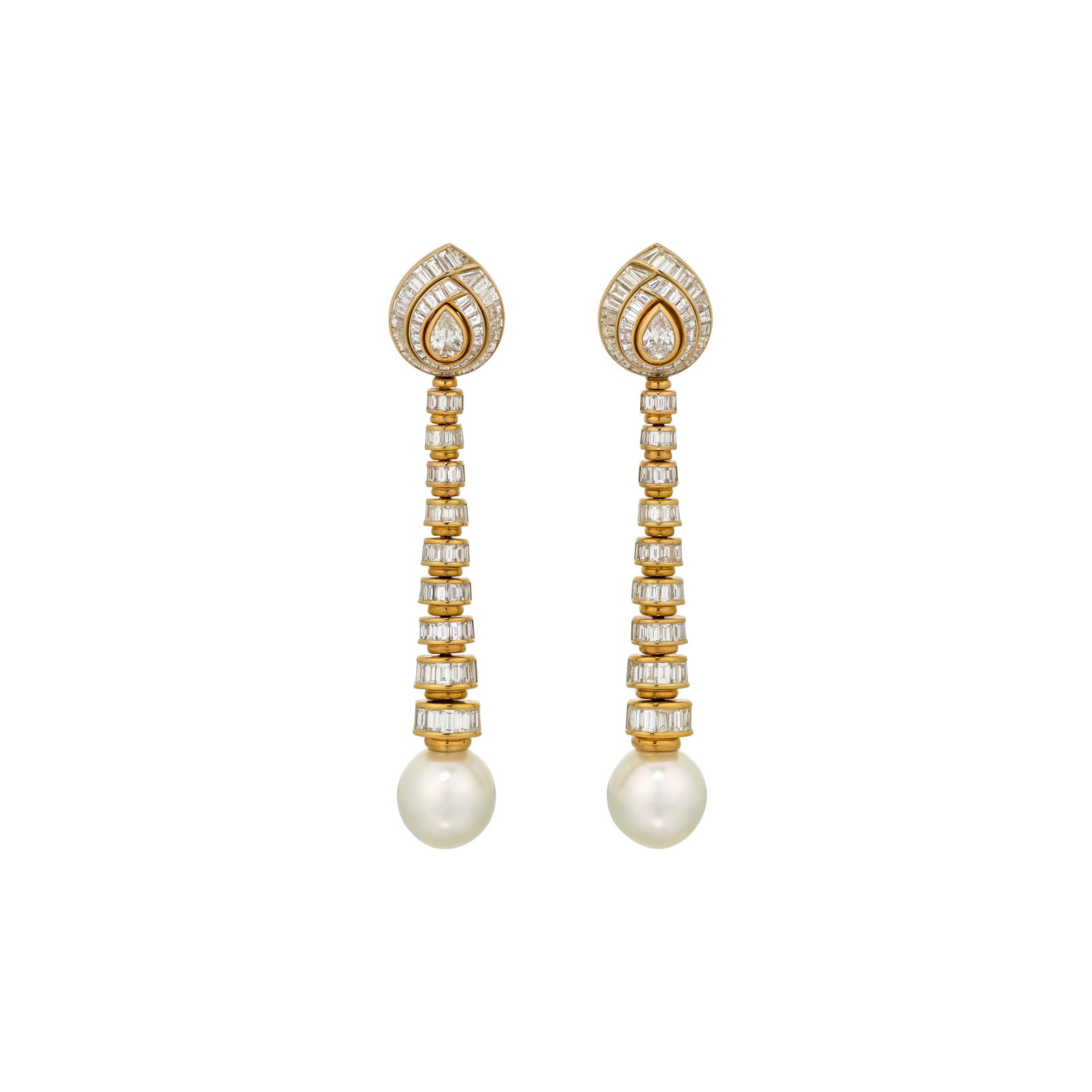 CULTURED PEARL AND DIAMOND EARRINGS: Details Cultured pearls of approximately 16.0 to 16.5 mm, pear- and baguette-cut diamonds Size/Dimensions: 9.8 cm Gross Weight: 83.1 grams