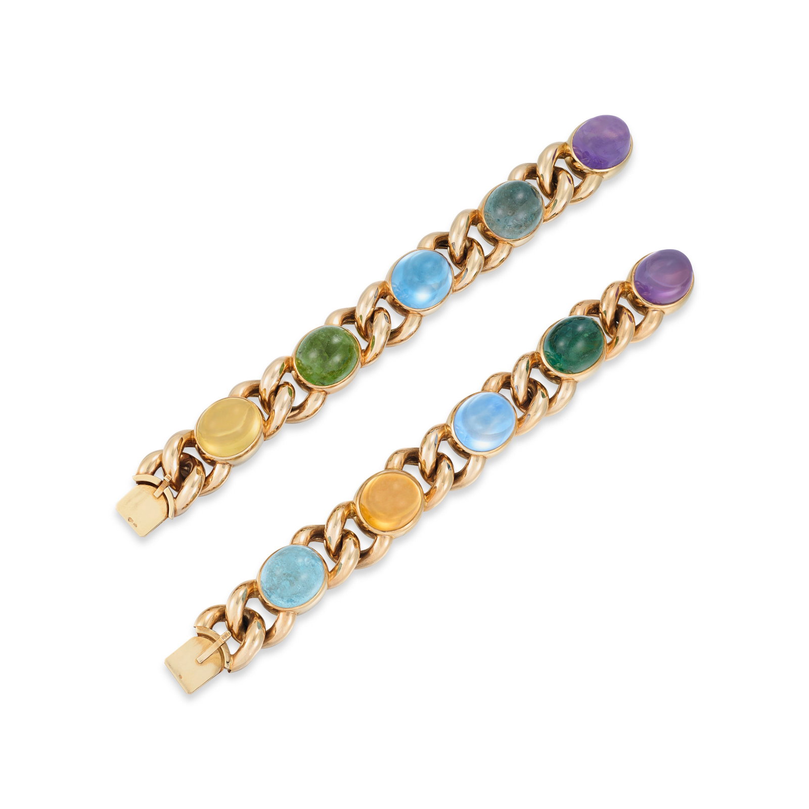 TWO MULTI-GEM BRACELETS: Details Including oval amethyst, citrine, blue and green tourmaline cabochons, 14 carat gold (Austrian marks) Size/Dimensions: 21.2 cm Gross Weight: 335.8 grams