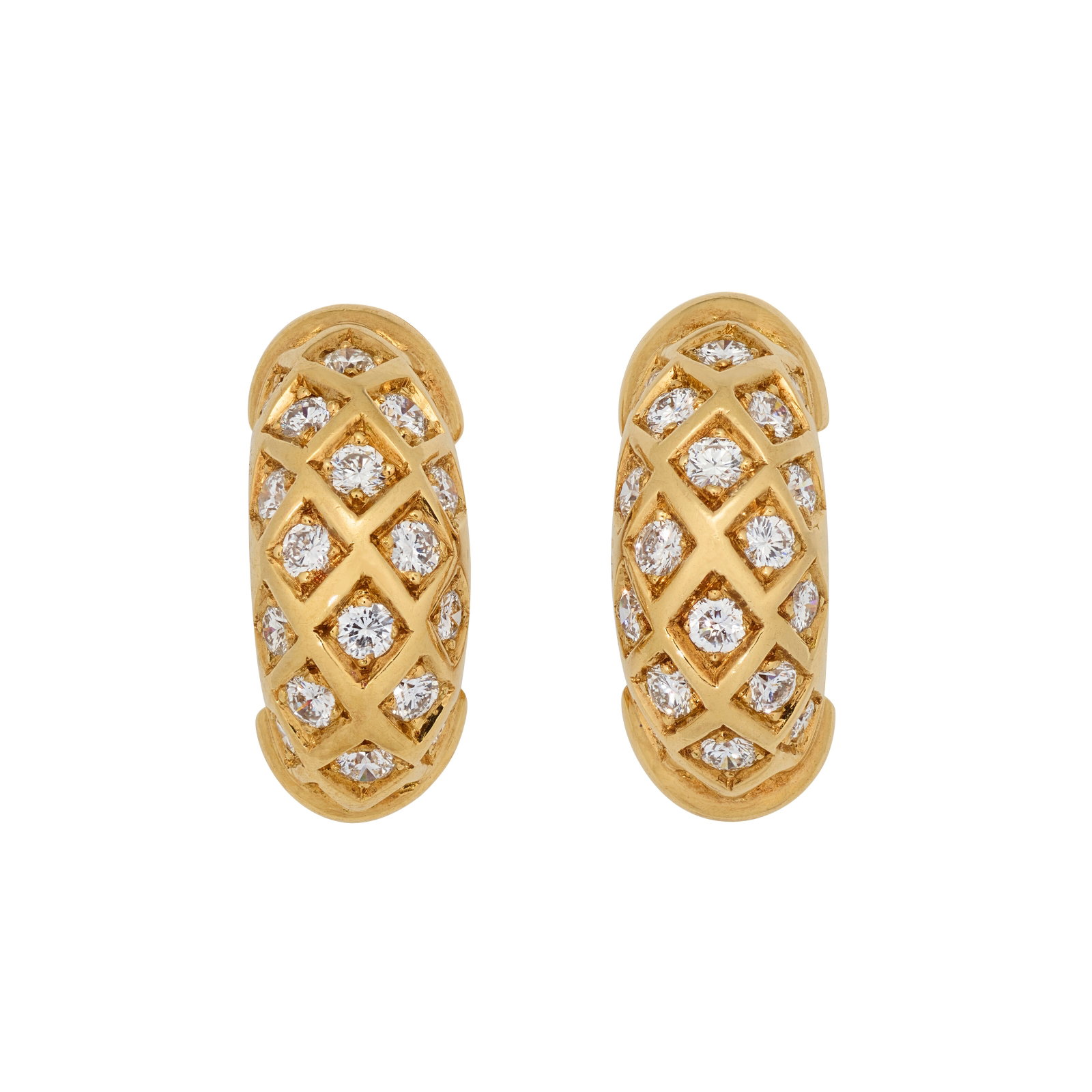 CARTIER DIAMOND EARRINGS: Details Circular-cut diamonds, gold (French marks), 1990s, signed Cartier, numbered Size/Dimensions: 1.9 cm Gross Weight: 9.8 grams