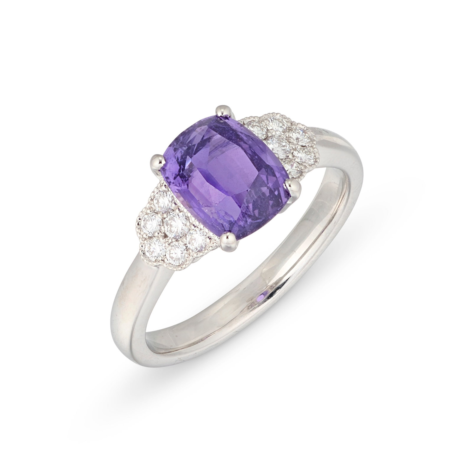 COLOUR CHANGE SAPPHIRE AND DIAMOND RING: Details Rectangular cushion-shaped colour change sapphire of 2.63 carats, circular-cut diamonds Gem & Pearl Laboratory, 2025, report no. 26130: Madagascar, no evidence of heat treatment Size/Dimension