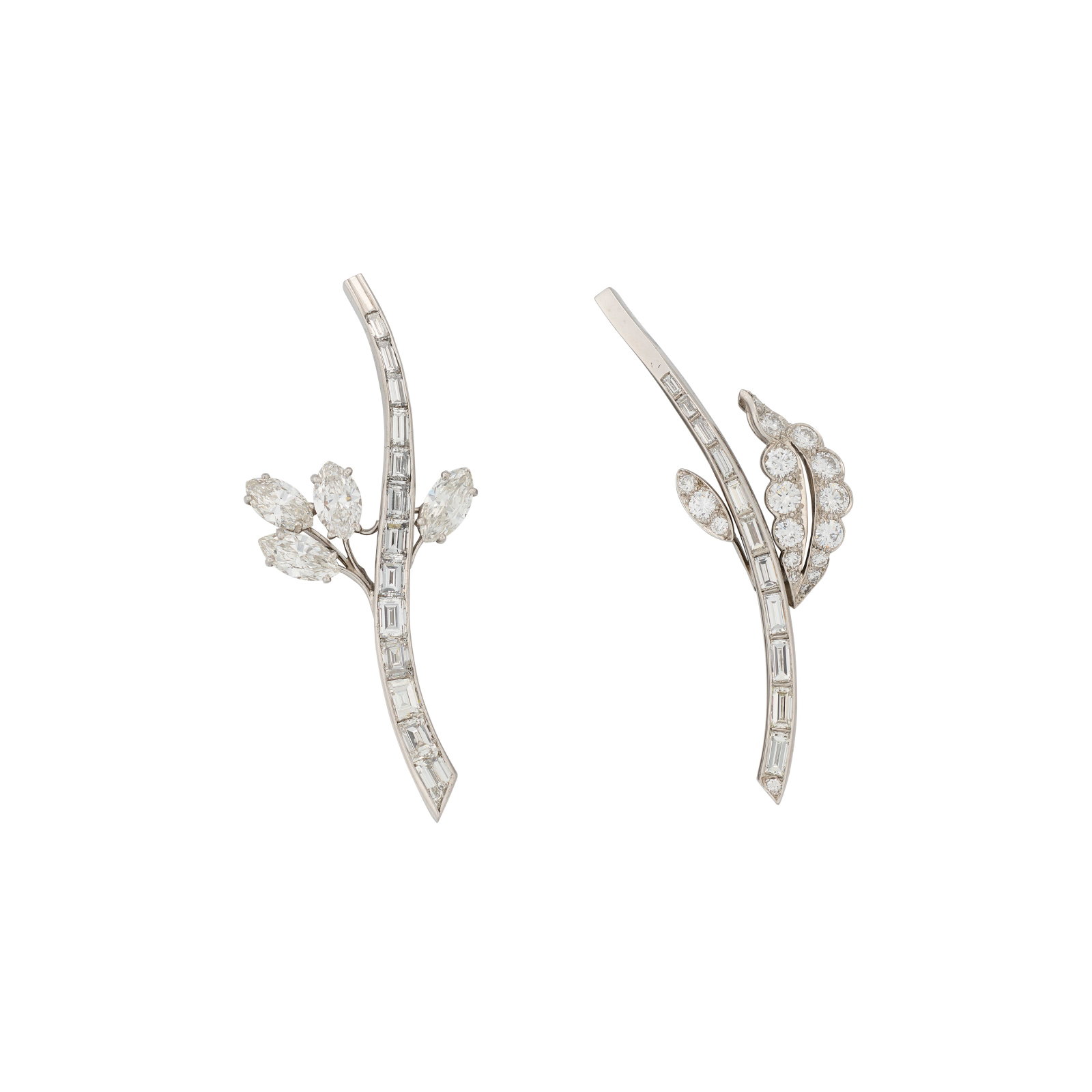 DIAMOND EARRINGS: Details Circular-, baguette- and marquise-cut diamonds, 1950s and later, possibly converted from a brooch, one earring signed VCA and numbered Size/Dimensions: approximately 5.7 cm Gross Weight: 18.9 