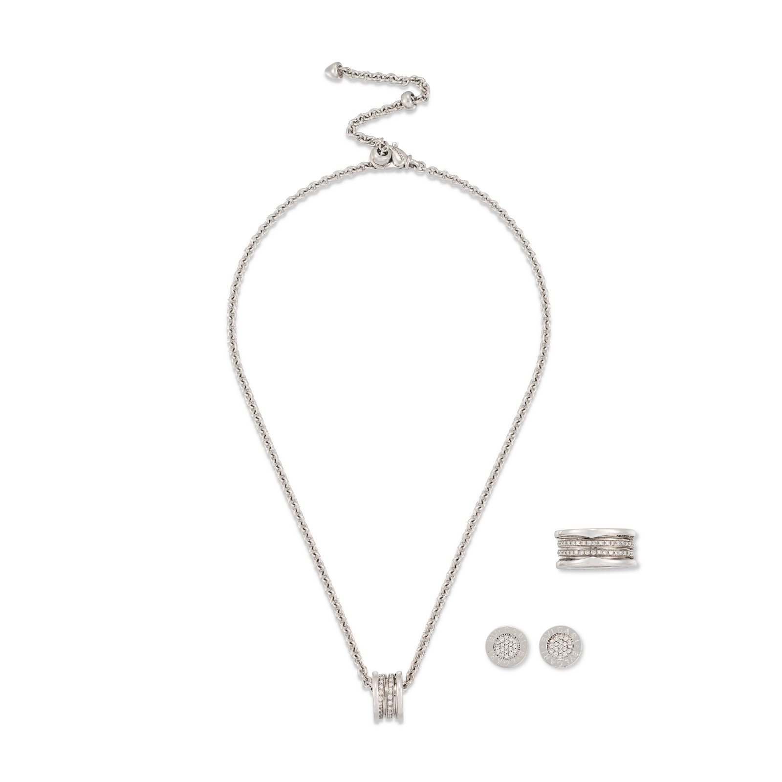 BULGARI DIAMOND 'B.ZERO 1' SUITE: Details Comprising a pendent necklace, a ring and a pair of earrings Circular-cut diamonds, signed Bvlgari, necklace and earrings with maker's marks (Novart), pendant and ring with maker's marks (Mich