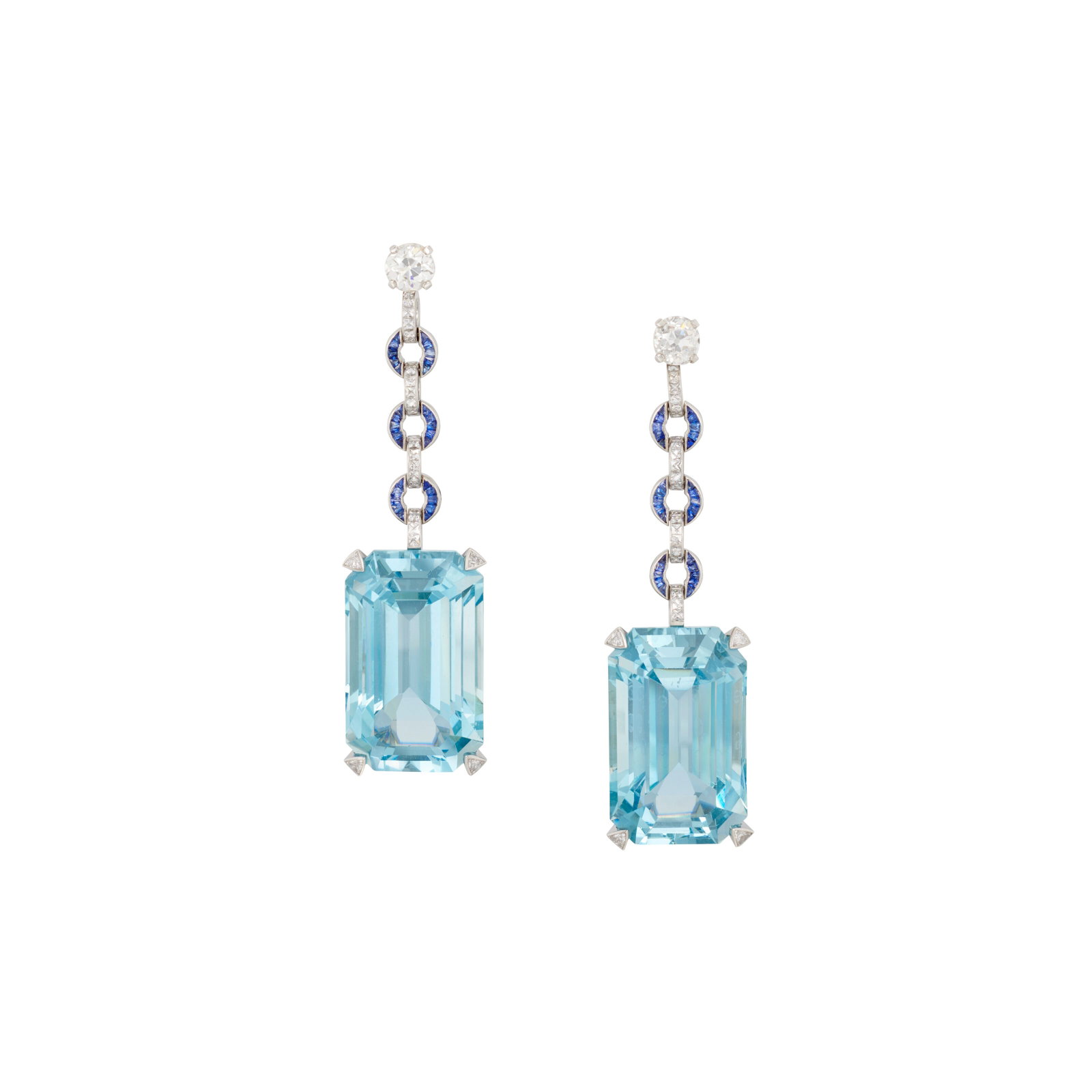 AQUAMARINE, SAPPHIRE AND DIAMOND EARRINGS: Details Rectangular step-cut aquamarines of approximately 45.00 carats each, calibré-cut sapphires, old-, trilliant- and French-cut diamonds Size/Dimensions: 6.7 cm Gross Weight: 47.0 grams