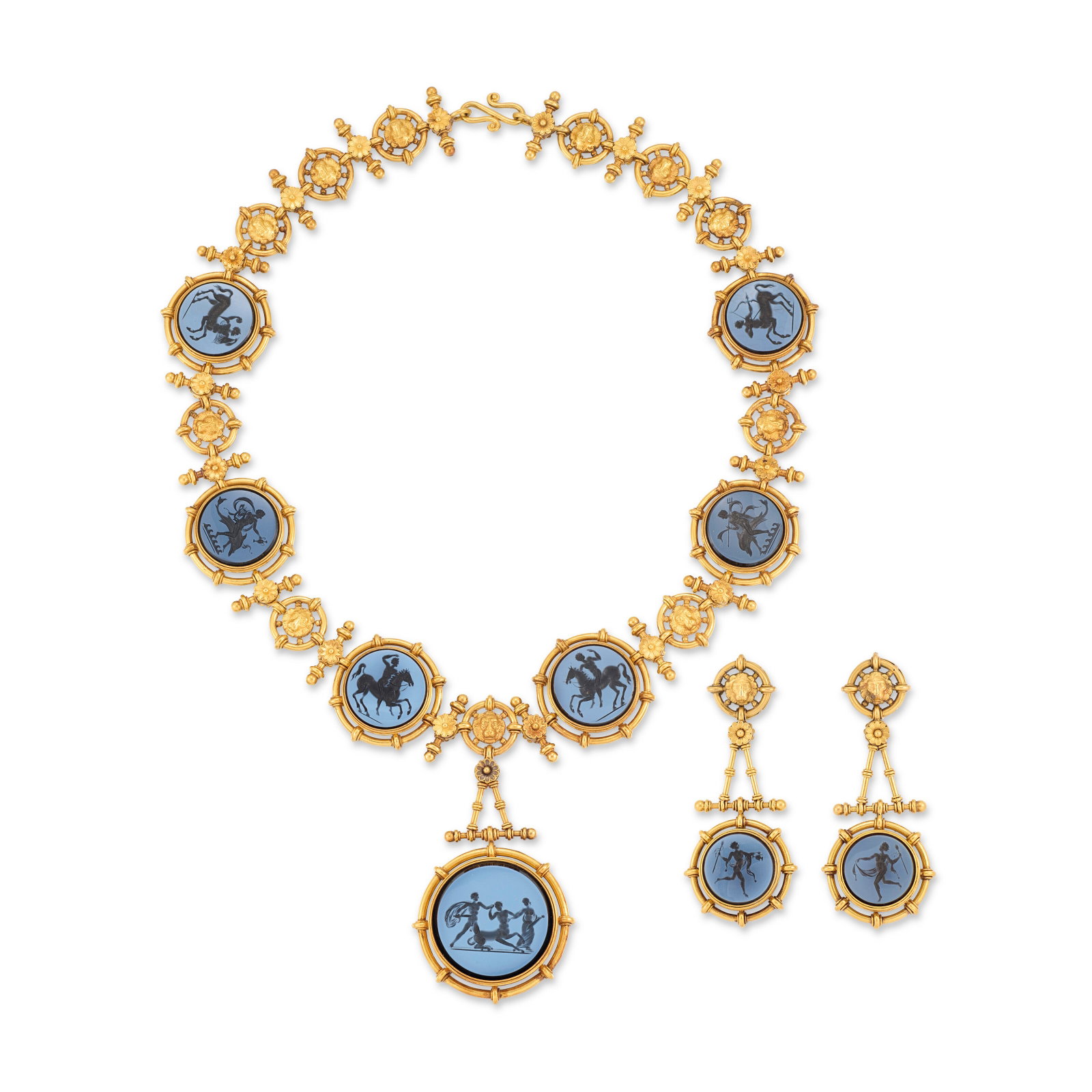 LATE 19TH CENTURY AGATE INTAGLIO NECKLACE AND EARRING SET: Details Carved banded agate intaglios depicting mythological scenes, with lion mask and beaded baton connections, circa 1870 Size/Dimensions: necklace 45.5 cm, pendant 7.0 cm, earrings 6.3 cm Gross