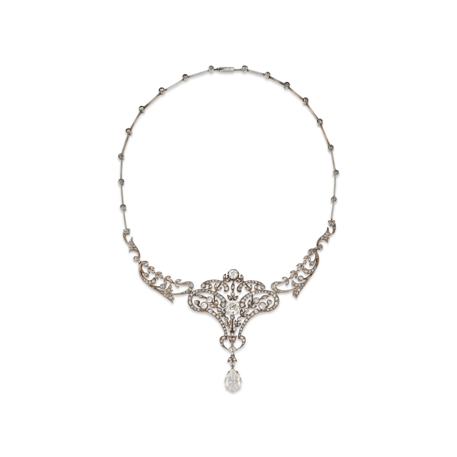 LATE 19TH CENTURY DIAMOND NECKLACE: Details Old circular-, cushion- and pear-shaped and rose-cut diamonds, silver and gold (French import marks), circa 1890, central element detachable Size/Dimensions: inner circumference approximately 