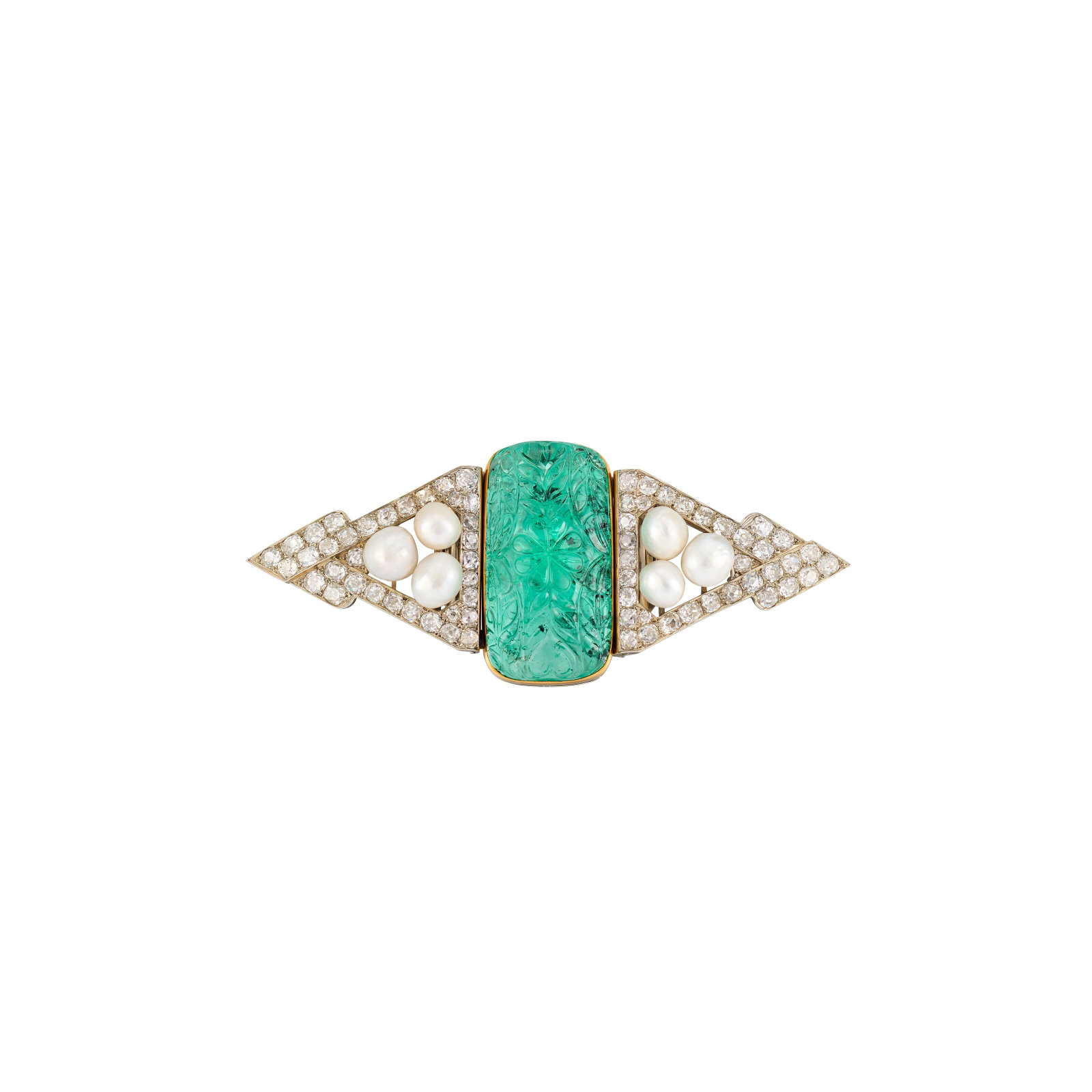 EMERALD, PEARL AND DIAMOND DOUBLE-CLIP BROOCH/PENDANT (1 of 4)