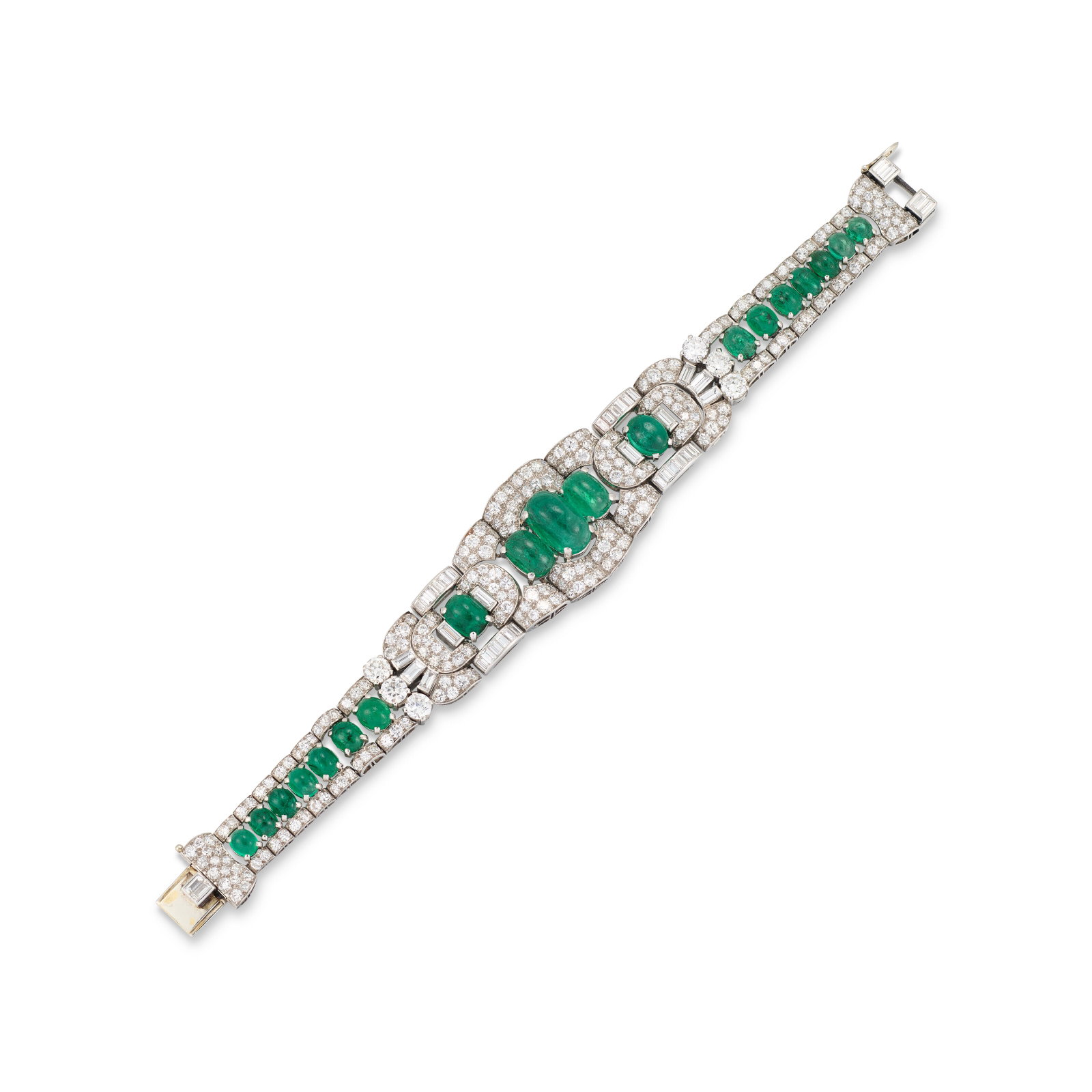 ART DÉCO EMERALD AND DIAMOND BRACELET: Details Oval cabochon emeralds, circular-, single- and baguette-cut diamonds, circa 1935 Size/Dimensions: 18.0 cm Gross Weight: 61.4 grams