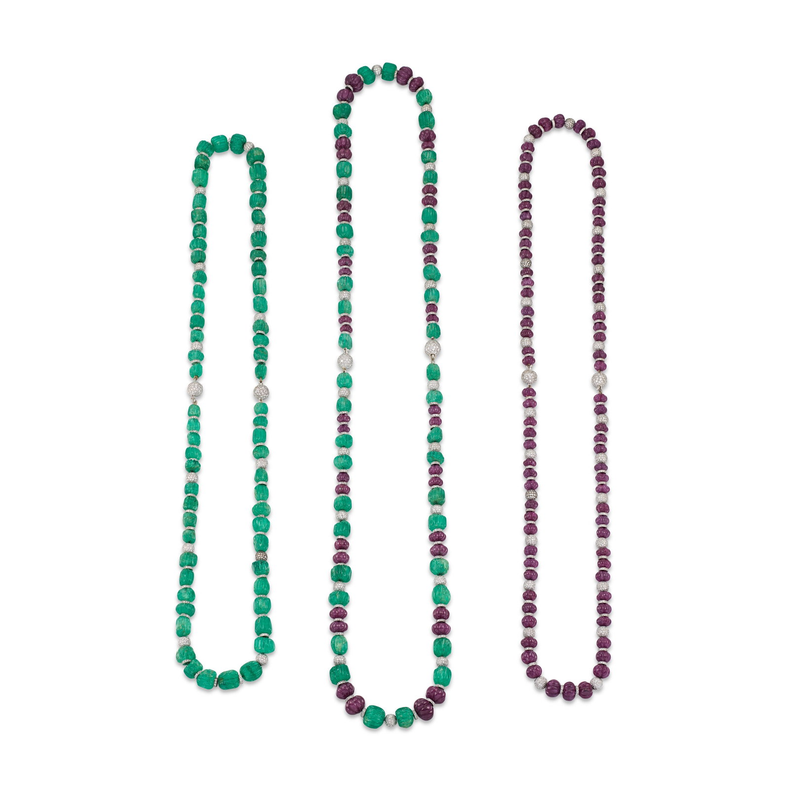 THREE RUBY, EMERALD AND DIAMOND LONGCHAIN NECKLACES (1 of 4)