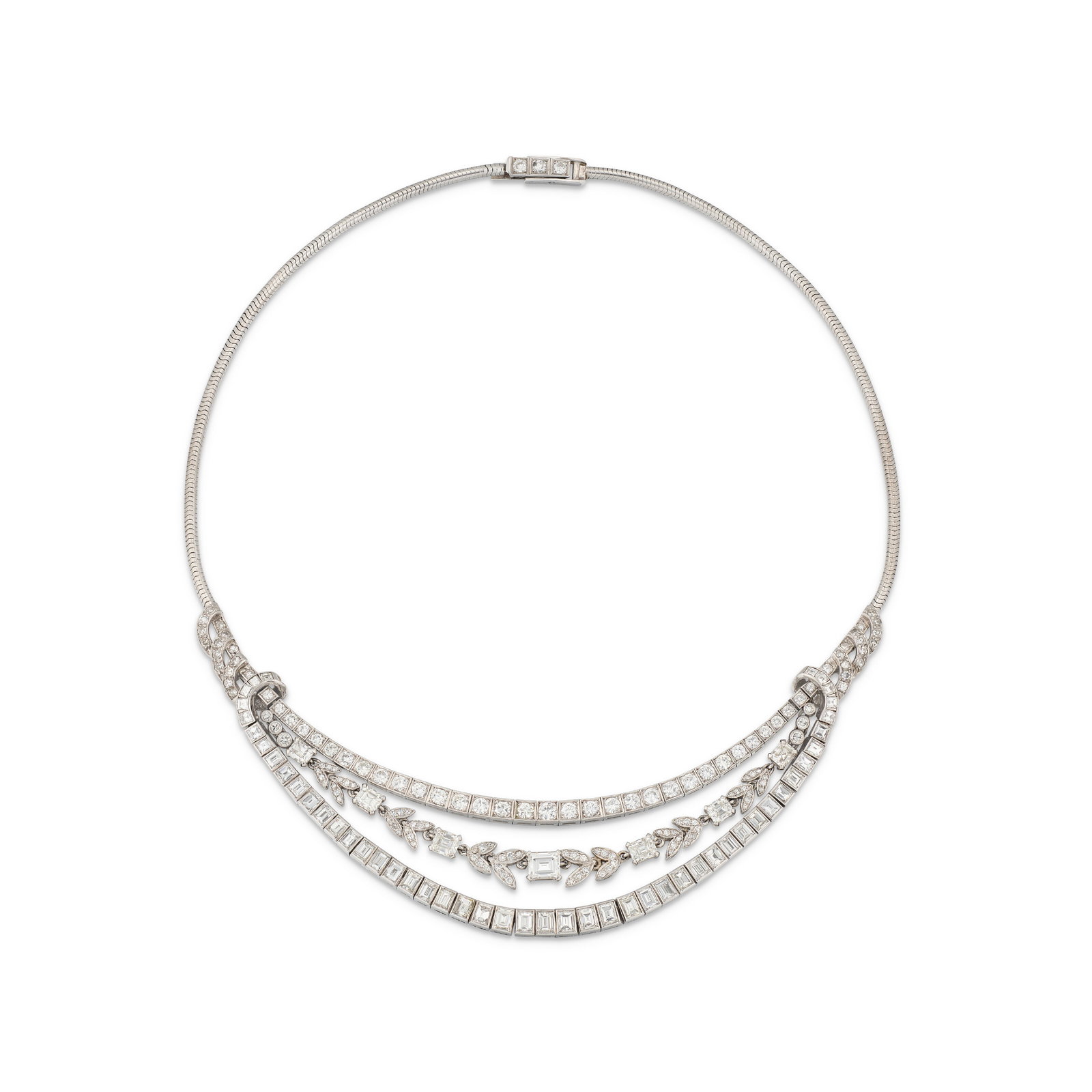 MID 20TH CENTURY DIAMOND SWAG NECKLACE: Details Rectangular-, calibré-, single- and circular-cut diamonds, circa 1955 Size/Dimensions: inner circumference 37.0 cm Gross Weight: 54.6 grams