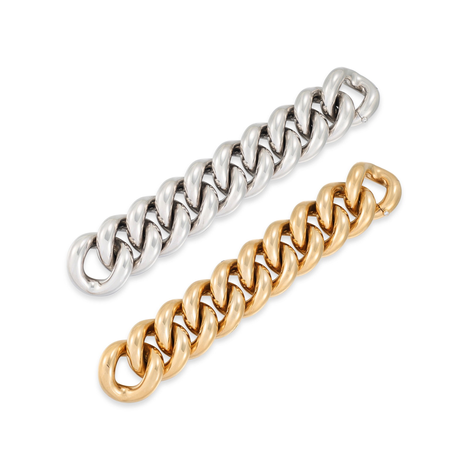TWO CURB LINK AND DIAMOND 'ALTESSE' BRACELETS: Details Curb links, circular-cut diamonds, signed Isabelle Fa, maker's marks (Isabelle Fa) Size/Dimensions: 23.0 cm Gross Weight: 629.6 grams