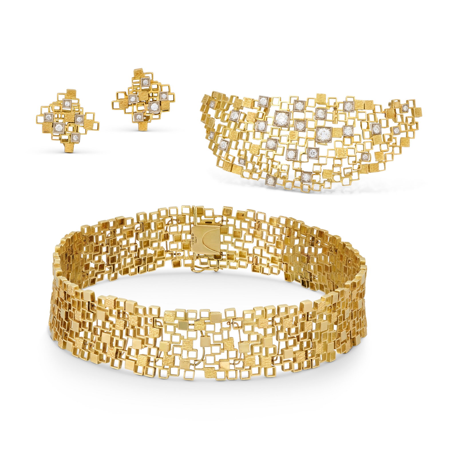 JOHN DONALD GOLD AND DIAMOND SUITE: Details Comprising a necklace, a brooch and a pair of earrings Of polished and textured gold cube design, circular- and old-cut diamonds, gold (London hallmarks), 1970 and 1971, the necklace and earri