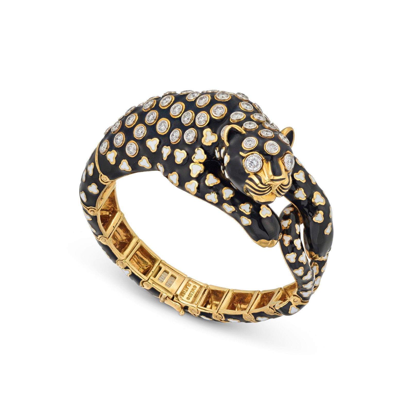 DAVID WEBB ENAMEL AND DIAMOND ‘LEOPARD’ BRACELET: Details Black and white enamel, circular-cut diamonds, signed Webb, black David Webb case and white outer box Size/Dimensions: inner circumference approximately 16.5 cm, inner diameter 5.5 cm Gross We
