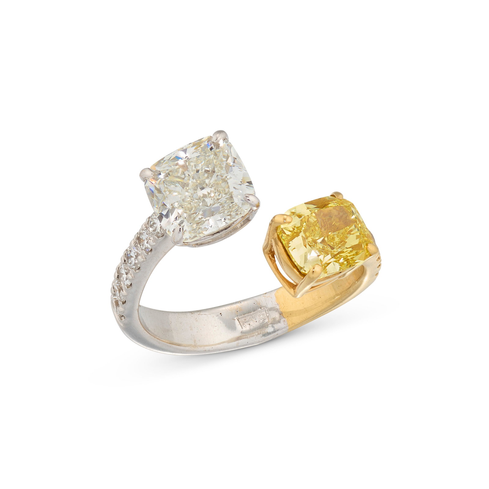 COLOURED DIAMOND AND DIAMOND RING: Details Fancy Vivid Yellow cushion modified brilliant-cut diamond of 1.51 carats, cushion-shaped diamond of 2.35 carats, circular-cut diamonds and yellow diamonds GIA, 2017, report no. 5181939008: 1.5