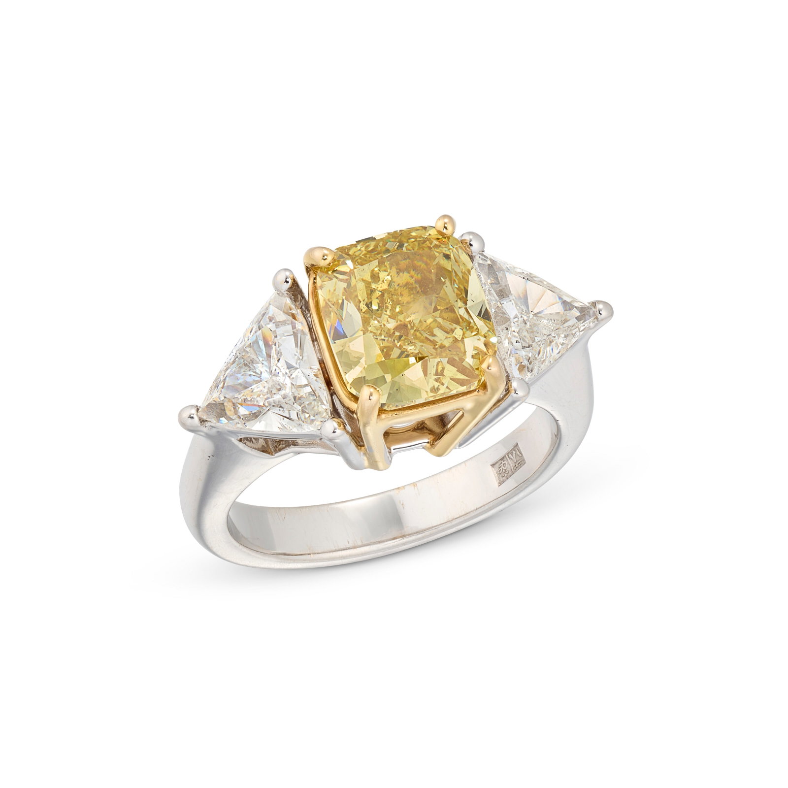 Details Fancy Intense Yellow cushion modified brilliant-cut diamond of 3.01 carats, trilliant: Details Fancy Intense Yellow cushion modified brilliant-cut diamond of 3.01 carats, trilliant diamonds of 0.77 and 0.57 carat GIA, 2015, report no. 7193945075: 3.01 carats, Fancy Intense Yellow,